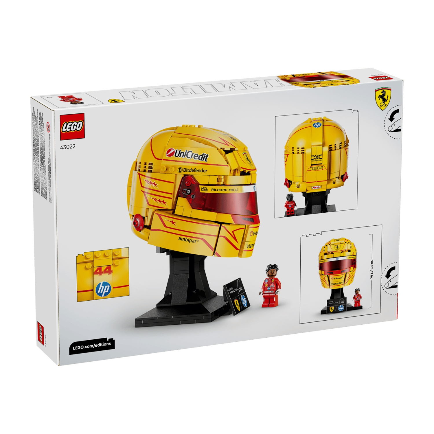 Scatola LEGO con modello di casco giallo di Lewis Hamilton, espositore per minifigure e dettagli.