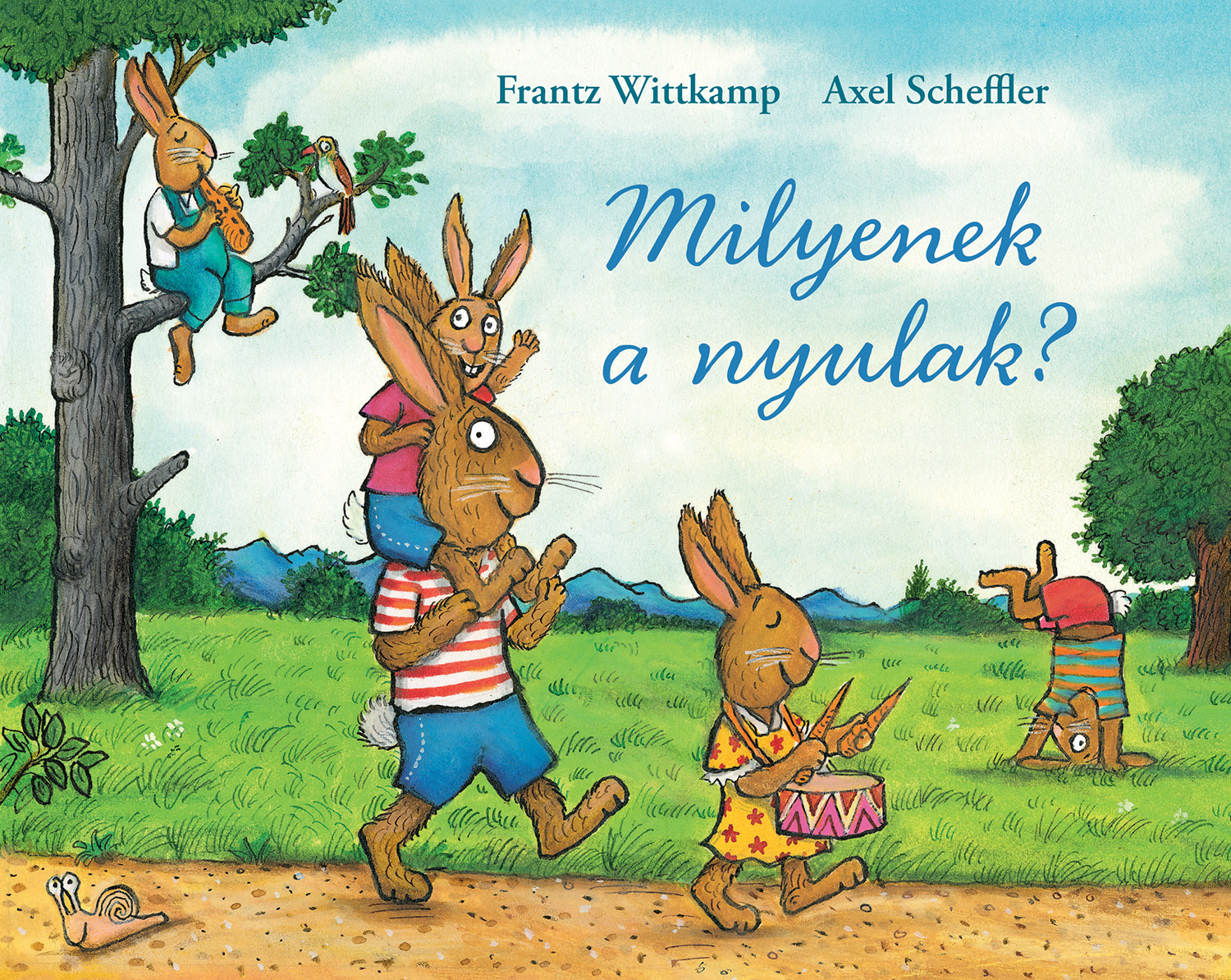 Nyulak zenélnek és vonulnak egy mezőn egy csigával.