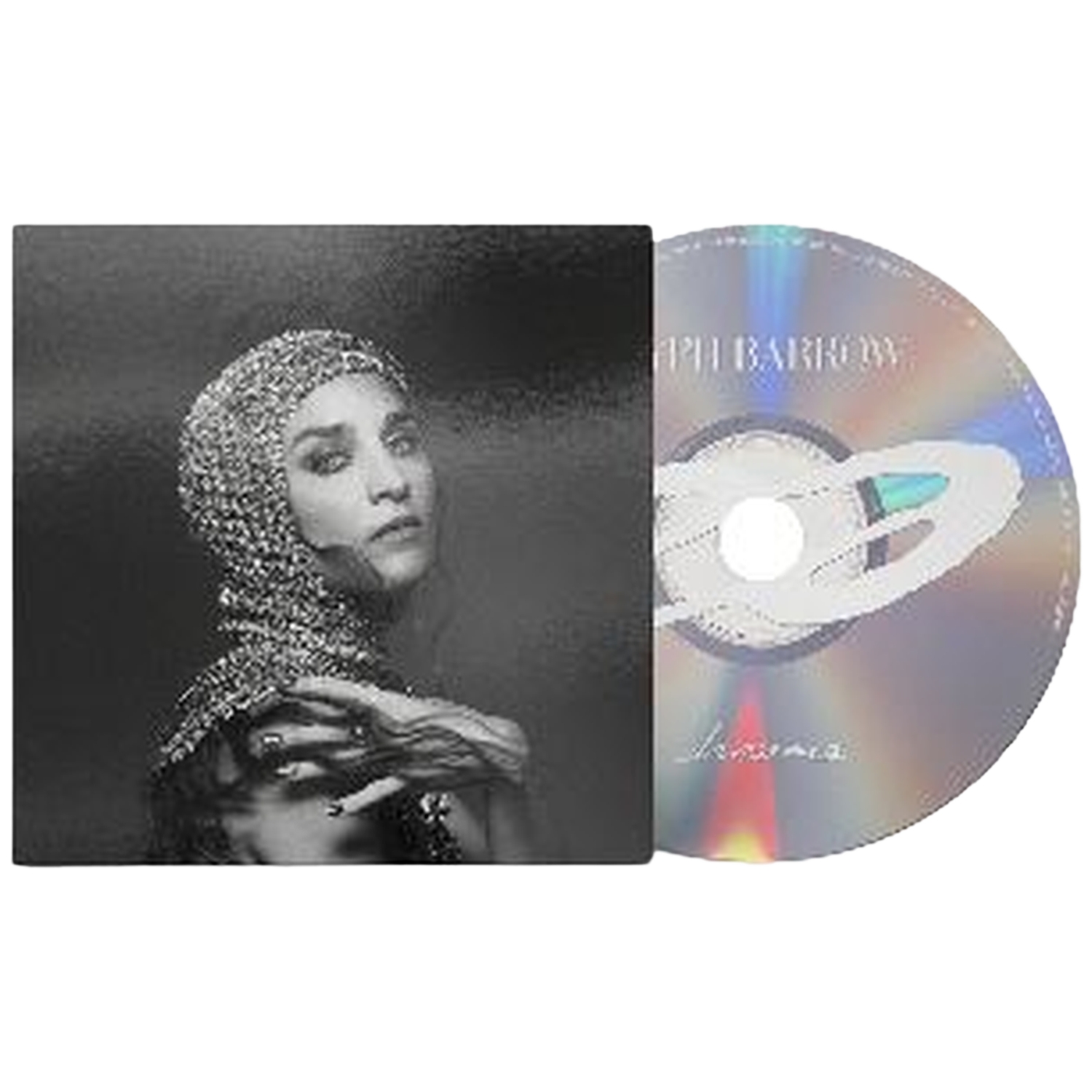 Albumhoes en cd: Vrouw met sierlijke hoofdbedekking en sieraden, met tekst op cd.