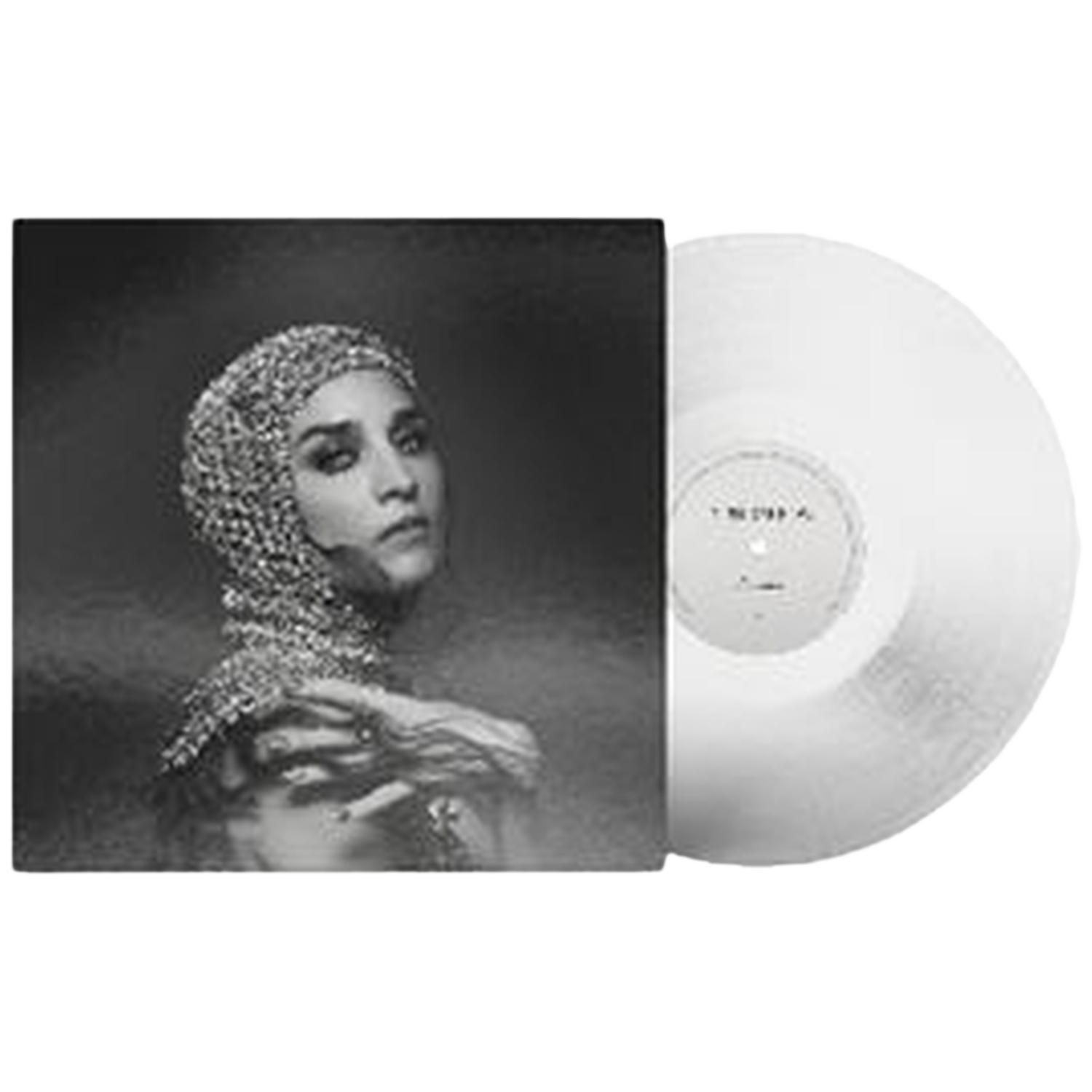 Black album cover featuring a woman in a sparkly hood and a white vinyl record.