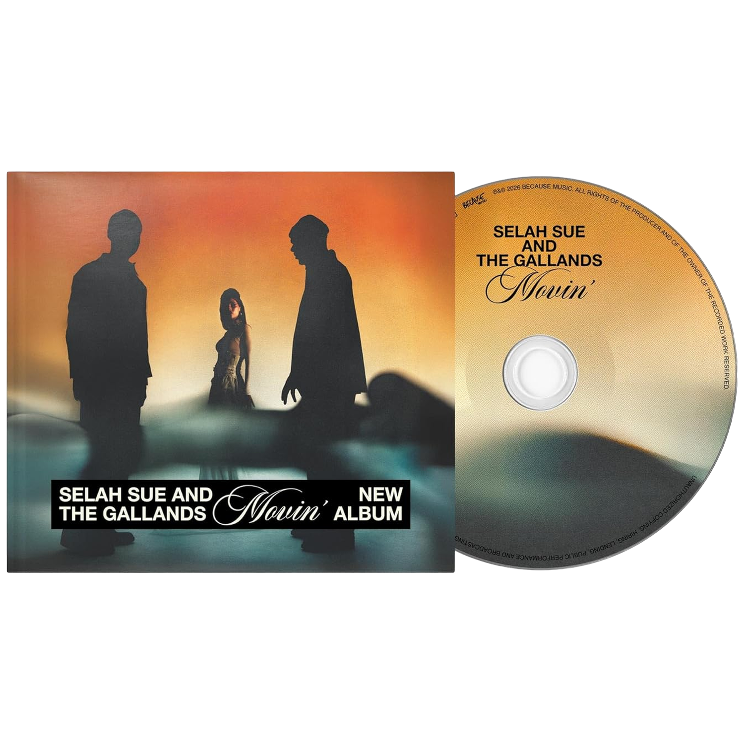 Albumhoes en cd van "Movin'" door Selah Sue en The Gallands. Silhouetten van drie personen.