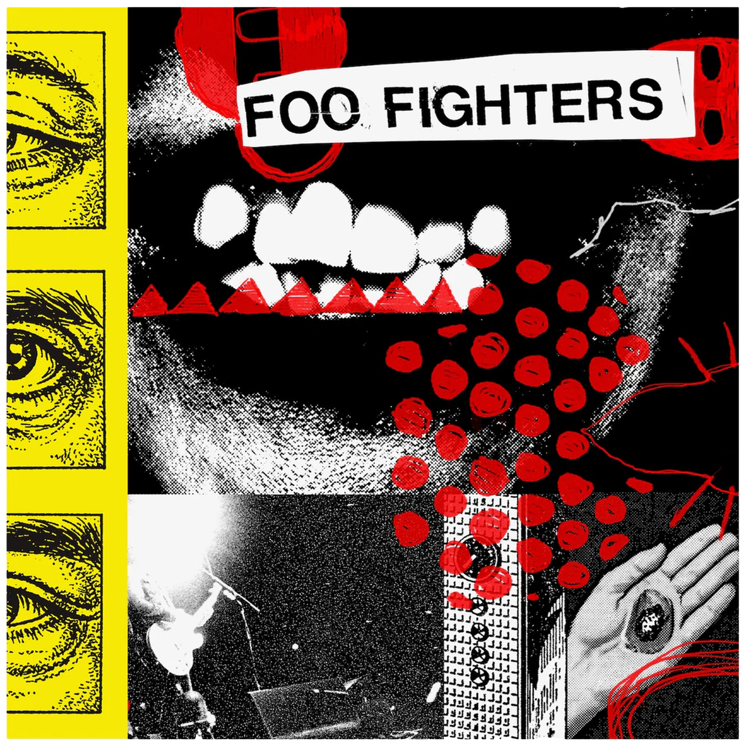 Art abstrait avec yeux jaunes, dents blanches, cercles rouges et un groupe jouant en live.