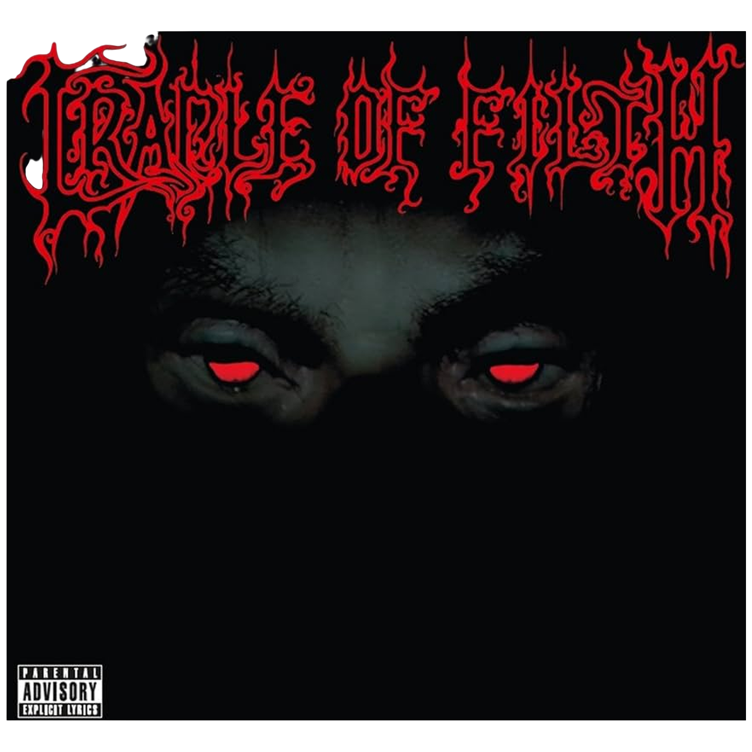 Yeux rouges fixant depuis l'obscurité sous le logo rouge "CRADLE OF FILTH".