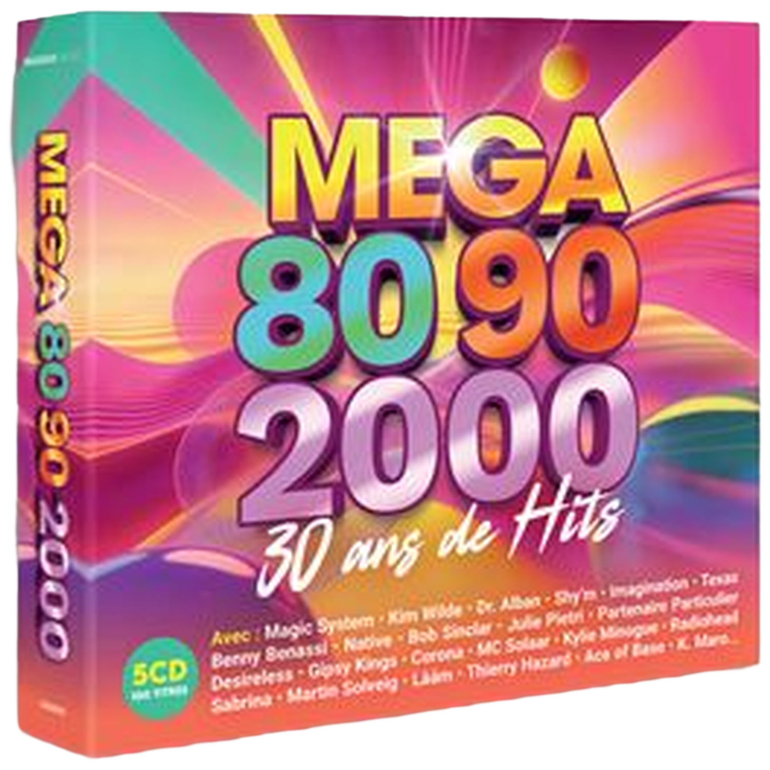 CD-box "MEGA 80 90 2000" met kleurrijk retro design en artiestenlijst.