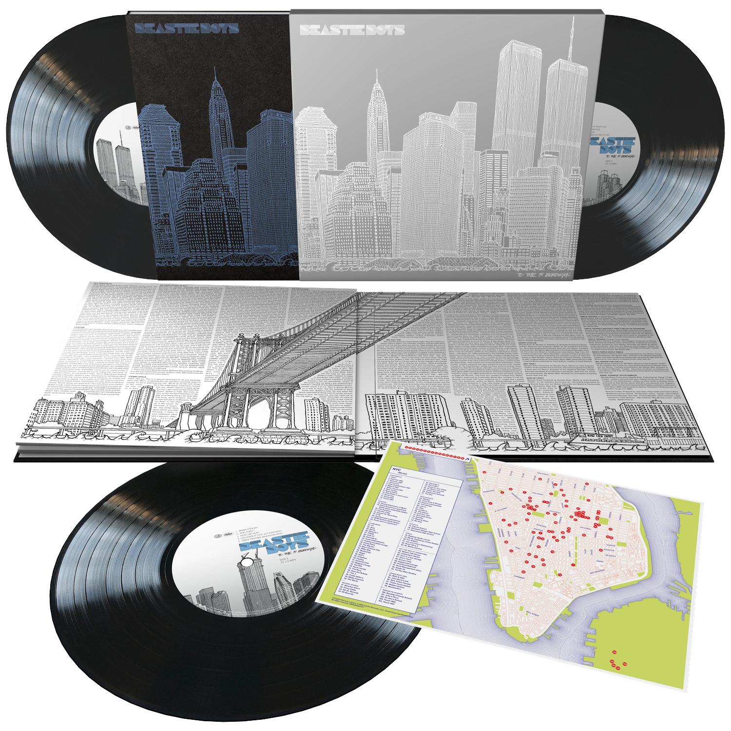 Vinylplaten met skyline van New York en Brooklynbrug, kaart.