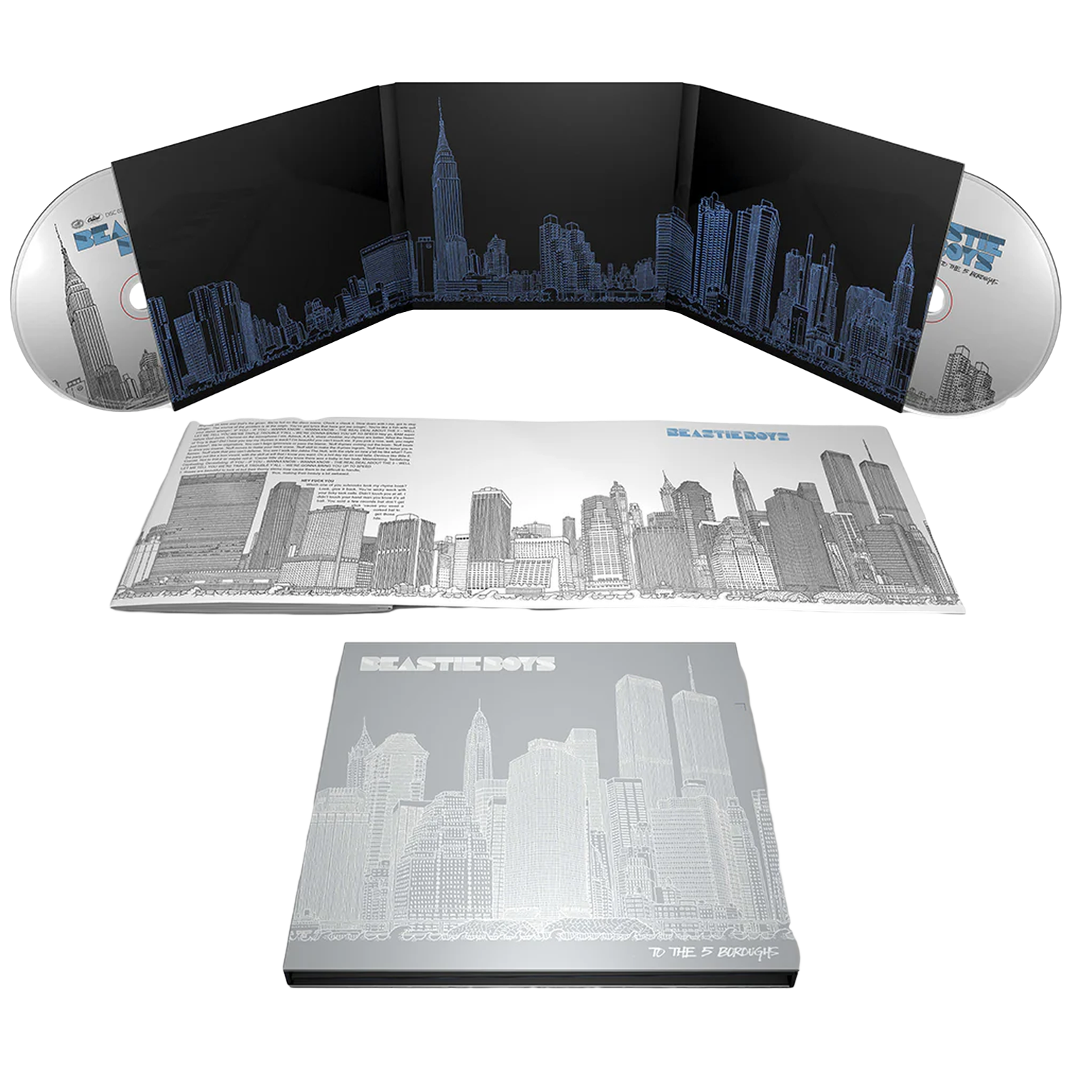 Beastie Boys Deluxe Edition CD-set met skyline-ontwerp op zwarte achtergrond.