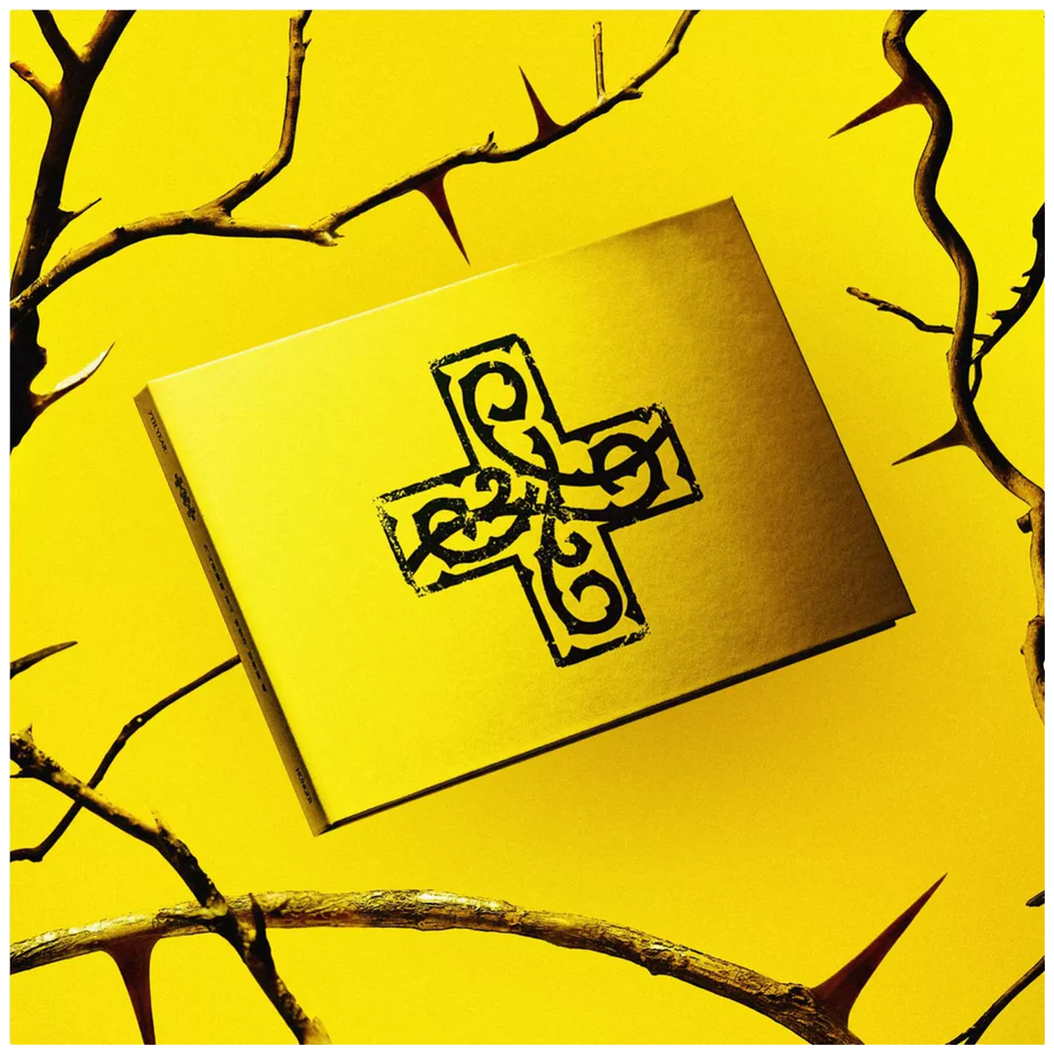 Geel boek met zwart kruissymbool, omringd door stekelige takken.