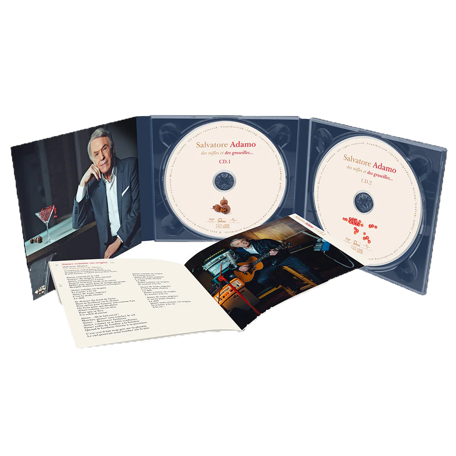 Coffret CD Salvatore Adamo avec deux disques, un homme en costume et paroles.
