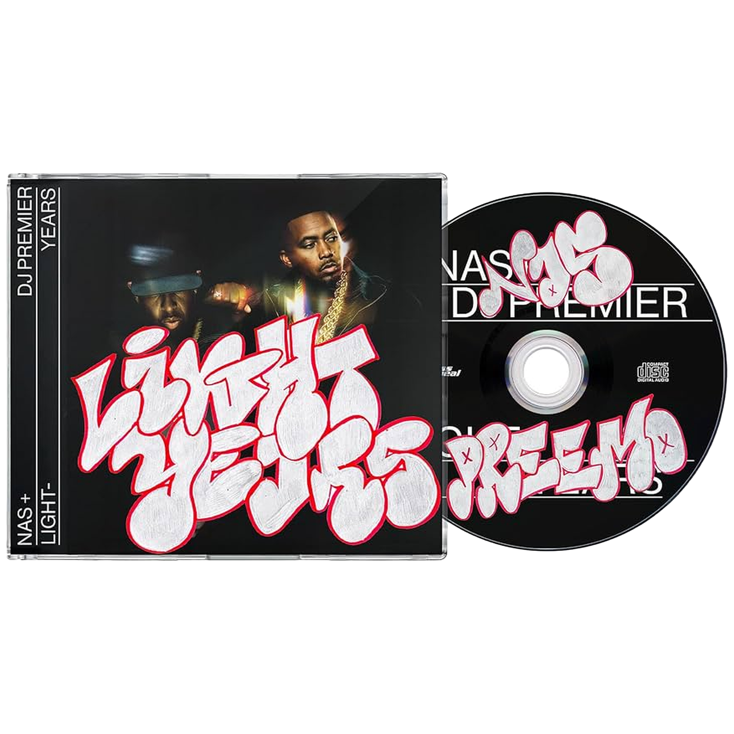 Couverture et disque CD de DJ Premier et Nas avec lettrage graffiti.