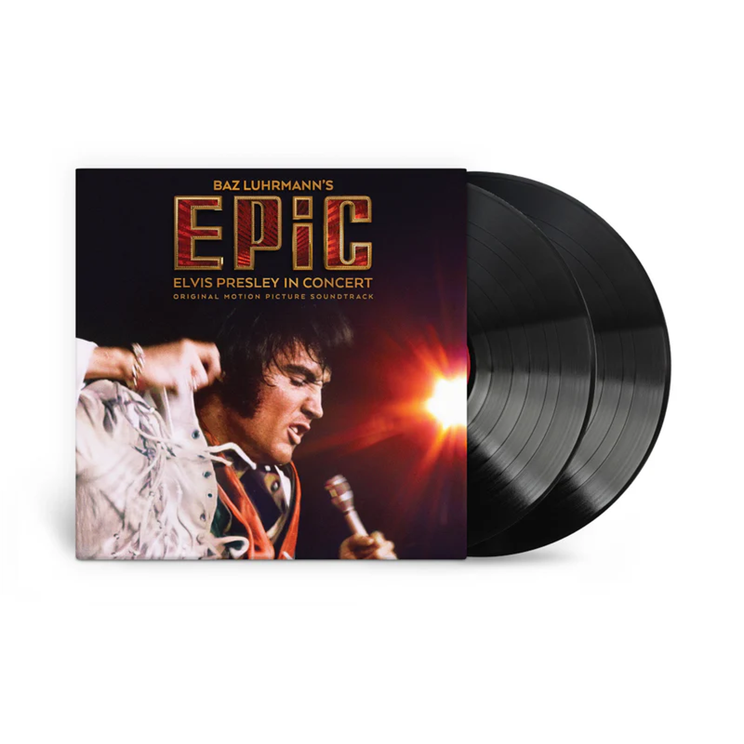 Elvis Presley in Concert soundtrack album cover with two vinyl records.