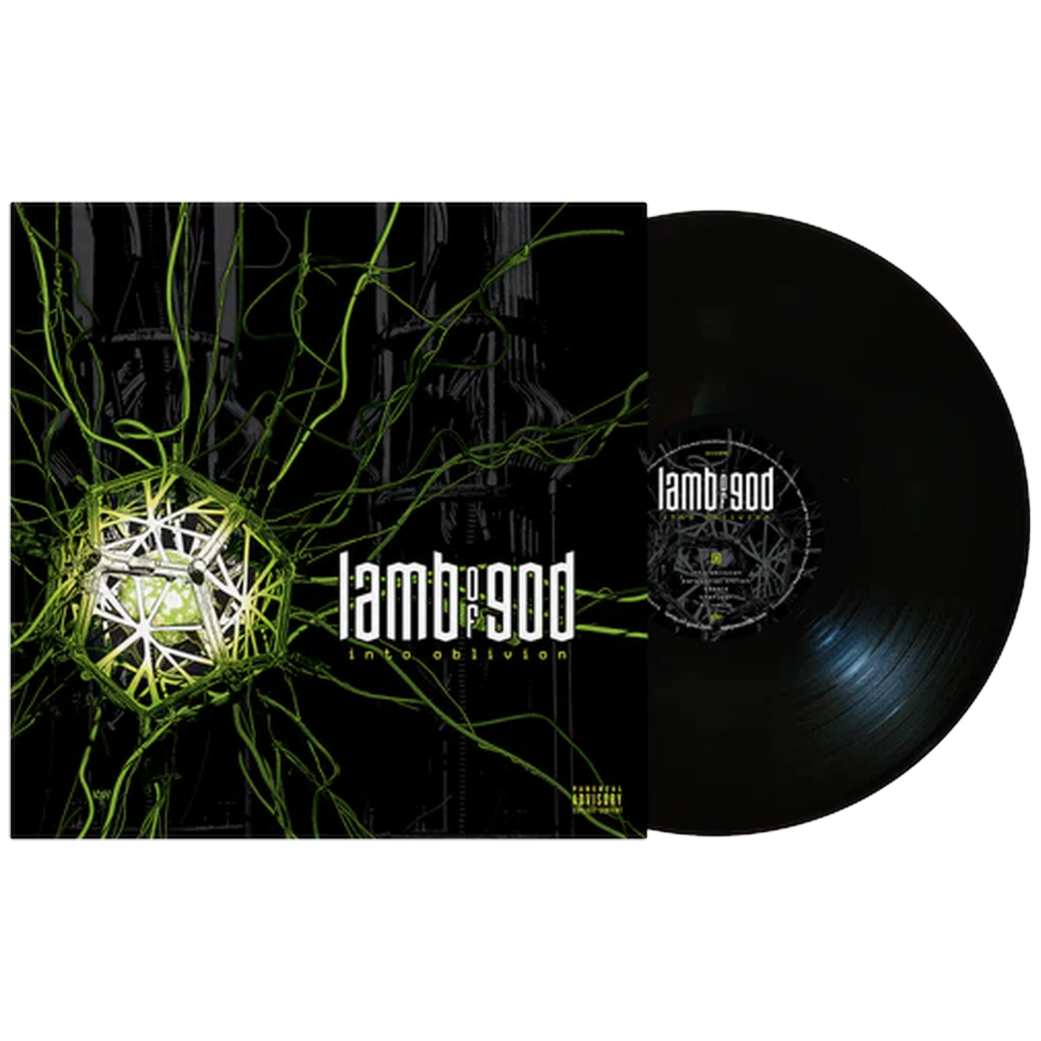 Pochette d'album Lamb of God et disque vinyle. Des lianes vertes entourent une forme géométrique.