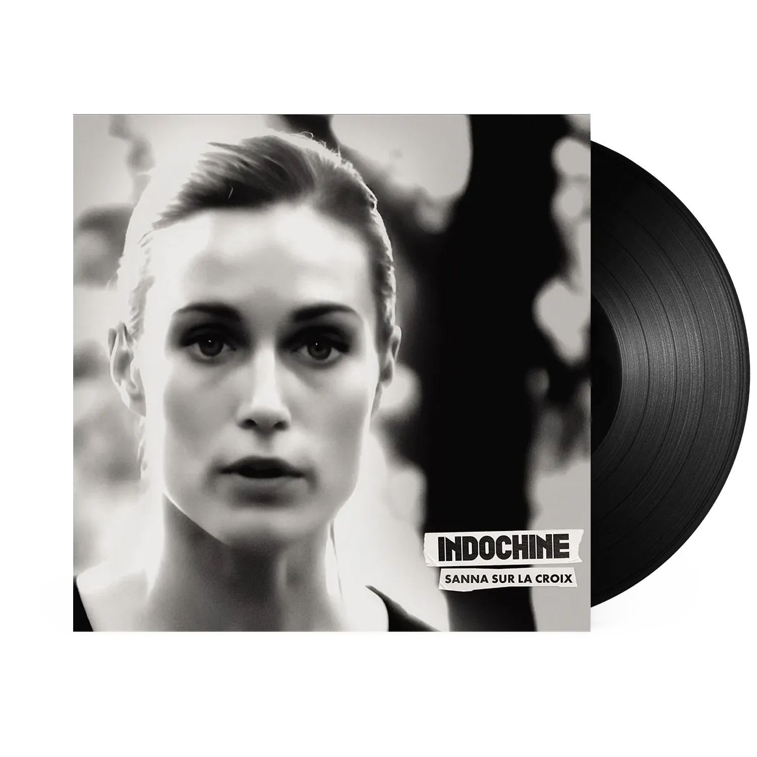 Black and white LP cover featuring a woman's portrait and a vinyl record beside it.