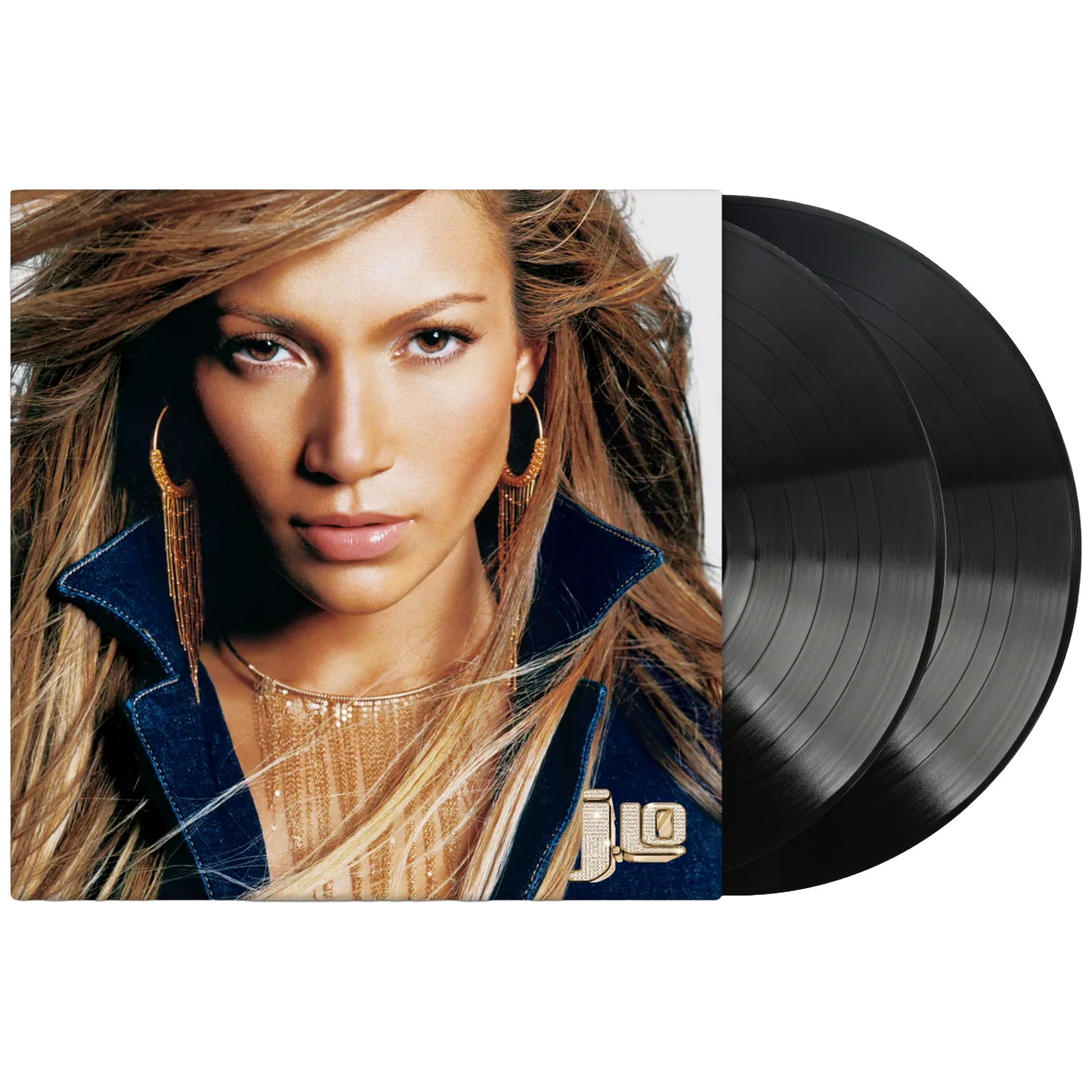 Jennifer Lopez op een albumhoes met twee zwarte vinylplaten ernaast.