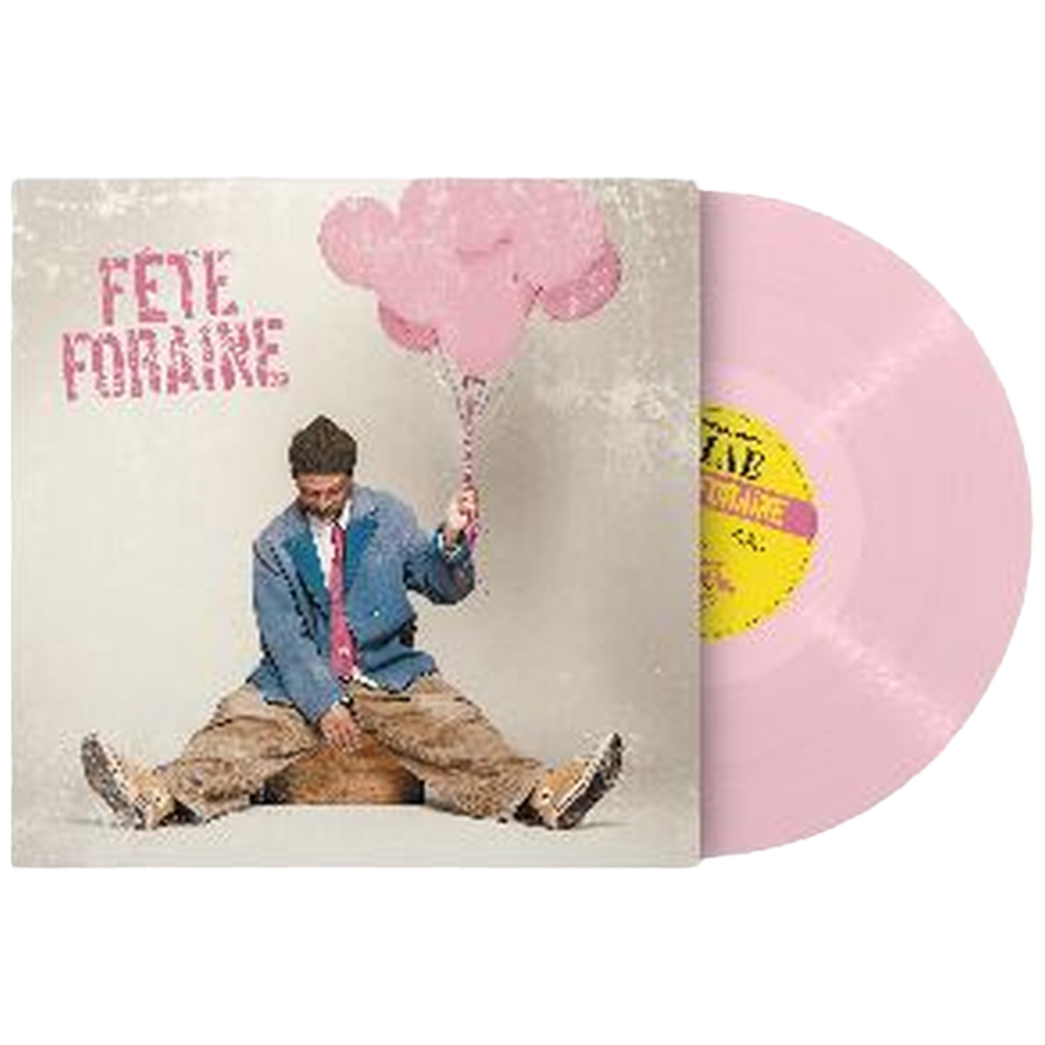 Man met roze ballonnen op een platenhoes, naast een roze vinylplaat.