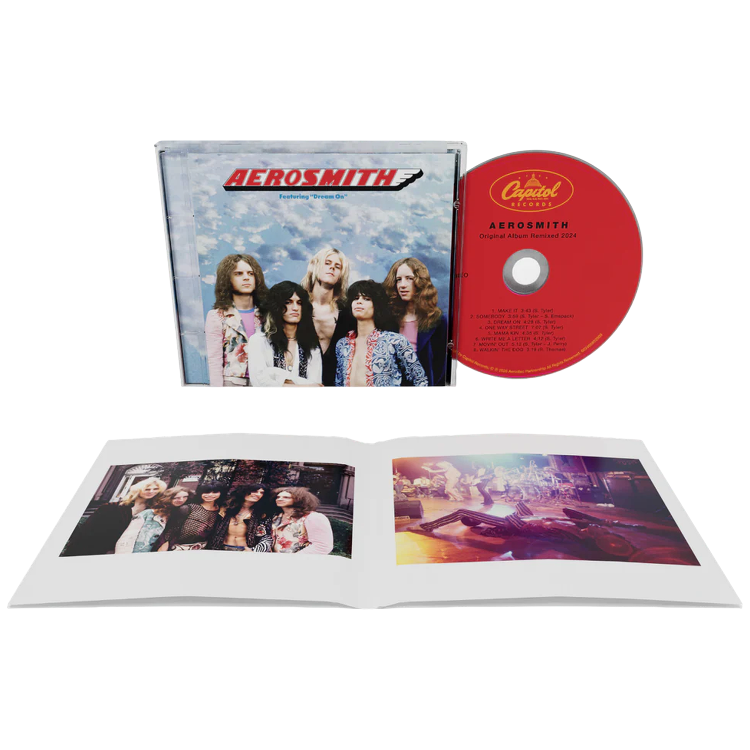 Aerosmith CD-hoesje, rode CD en open boekje met bandfoto's.