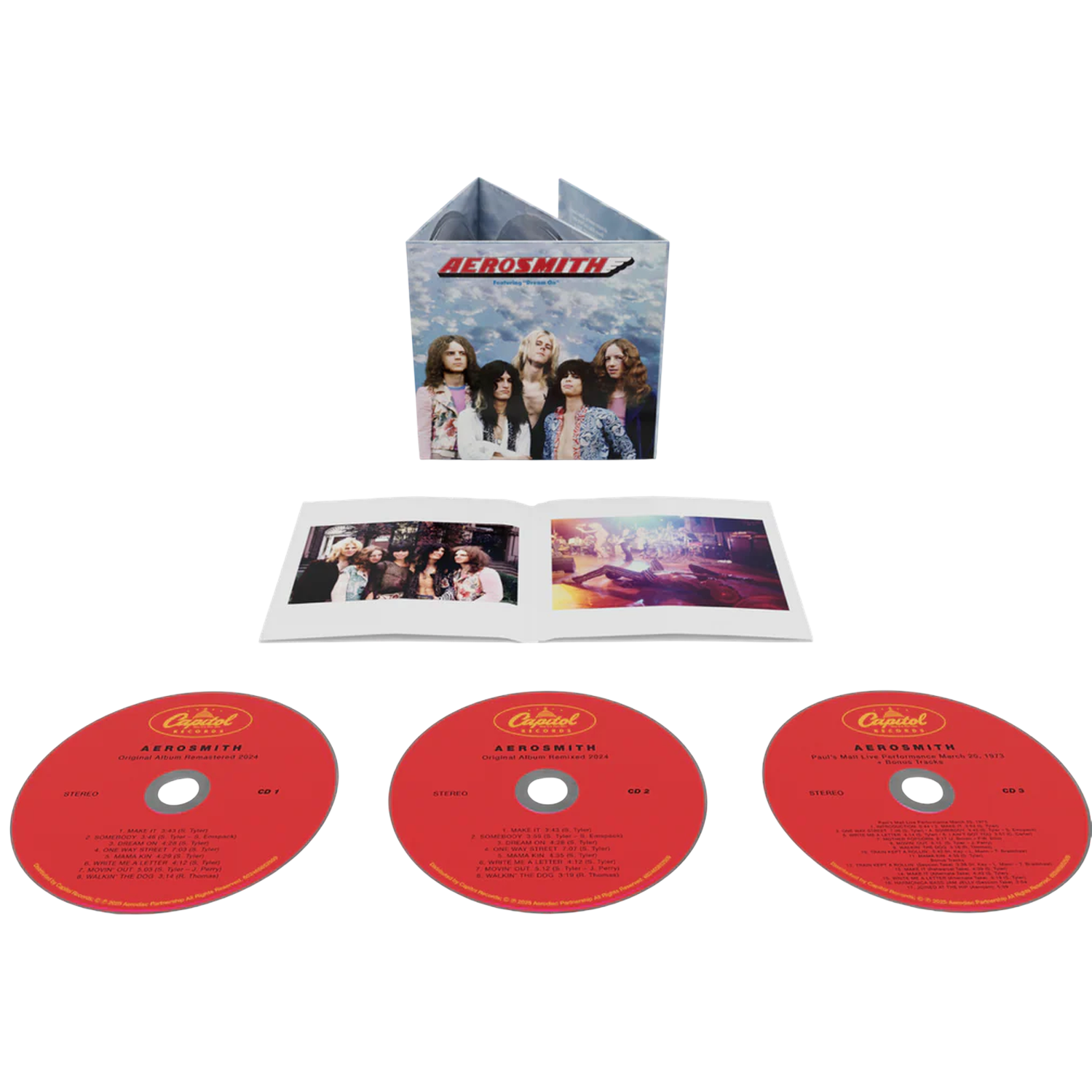 Aerosmith CD-set: jewelcase, geopend boekje en drie rode cd's.