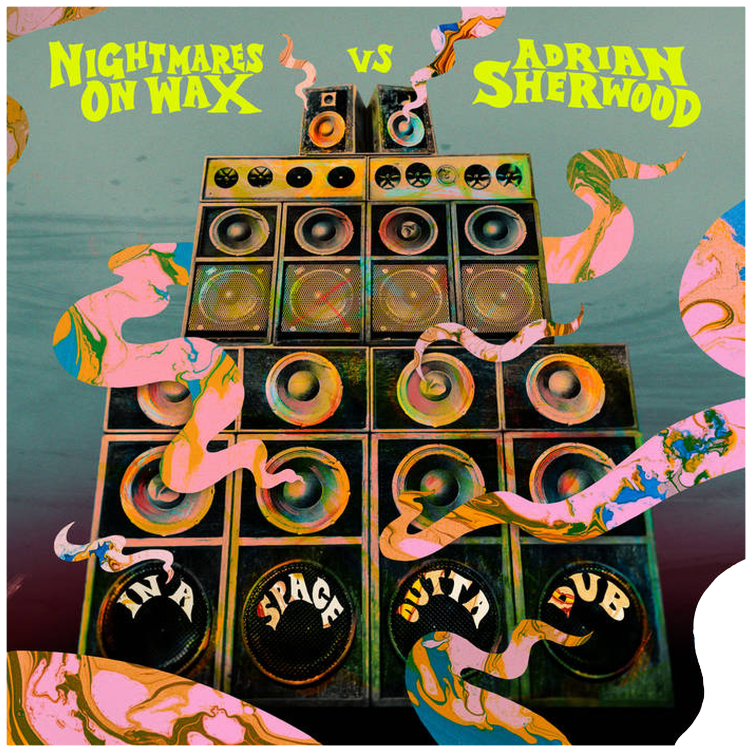 Toren van luidsprekers met psychedelische golven en tekst: Nightmares On Wax vs Adrian Sherwood.