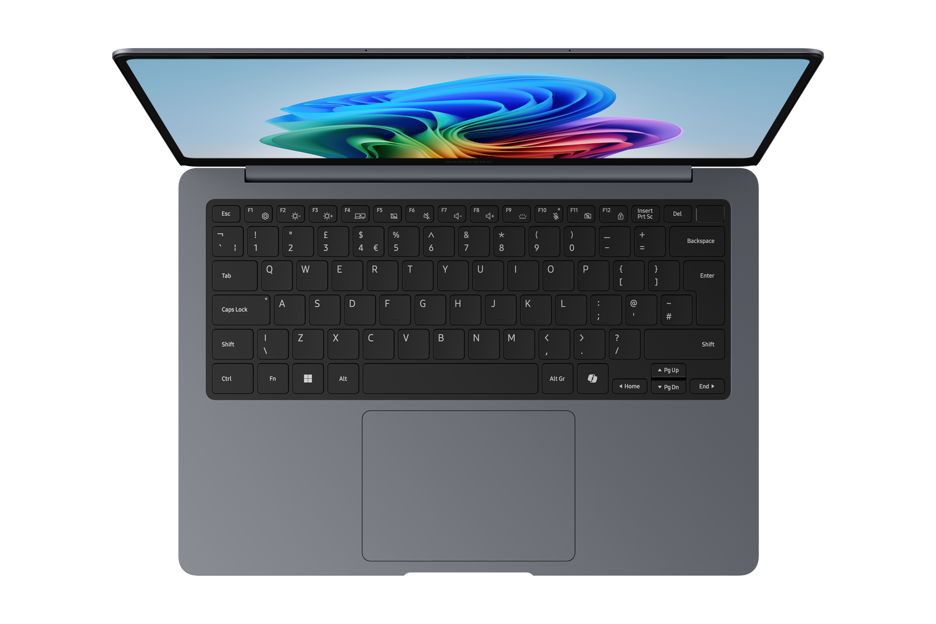 Ein offener grauer Laptop mit einem bunten Hintergrund auf dem Bildschirm.