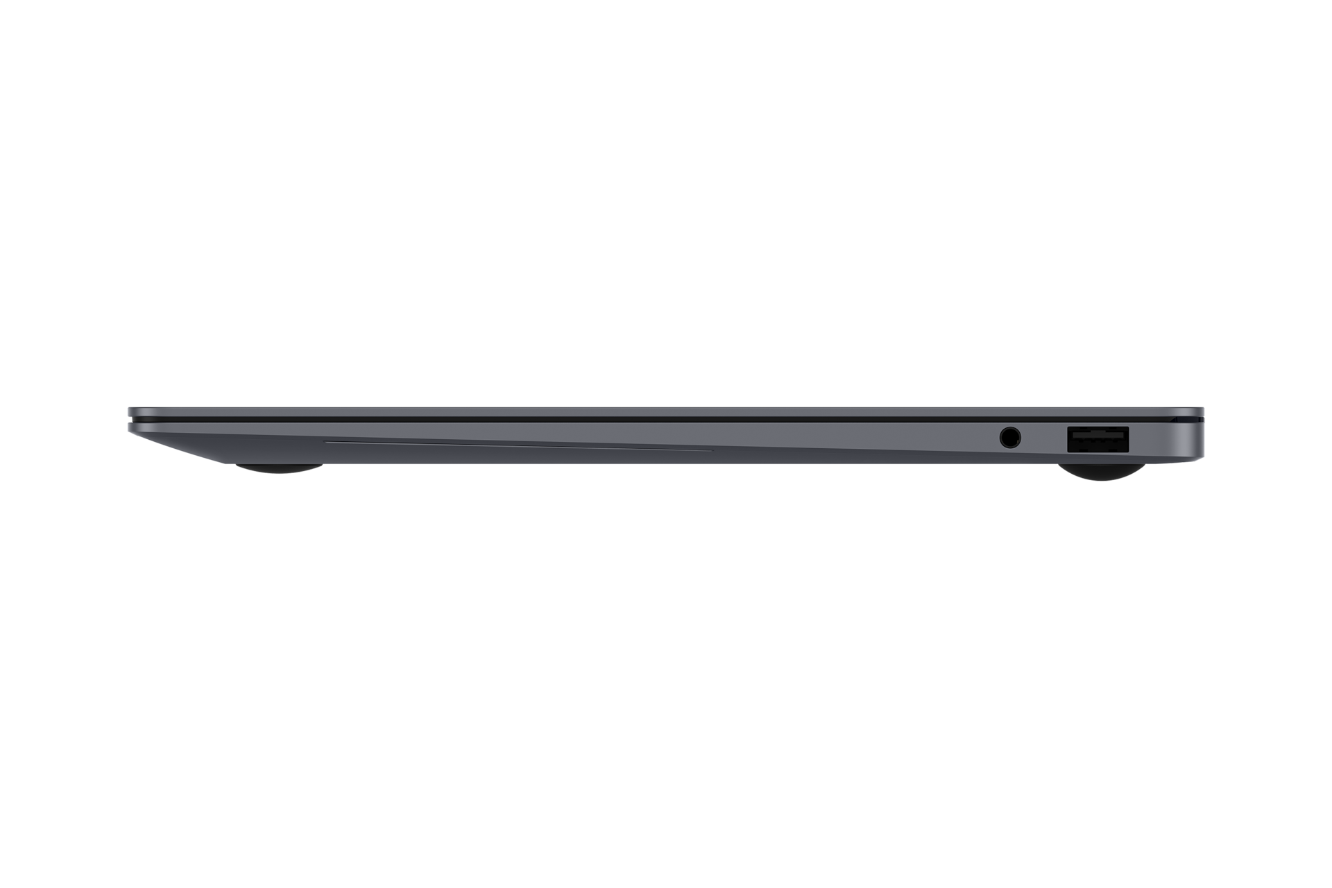 Grauer Laptop im Profil mit USB- und Kopfhöreranschluss.