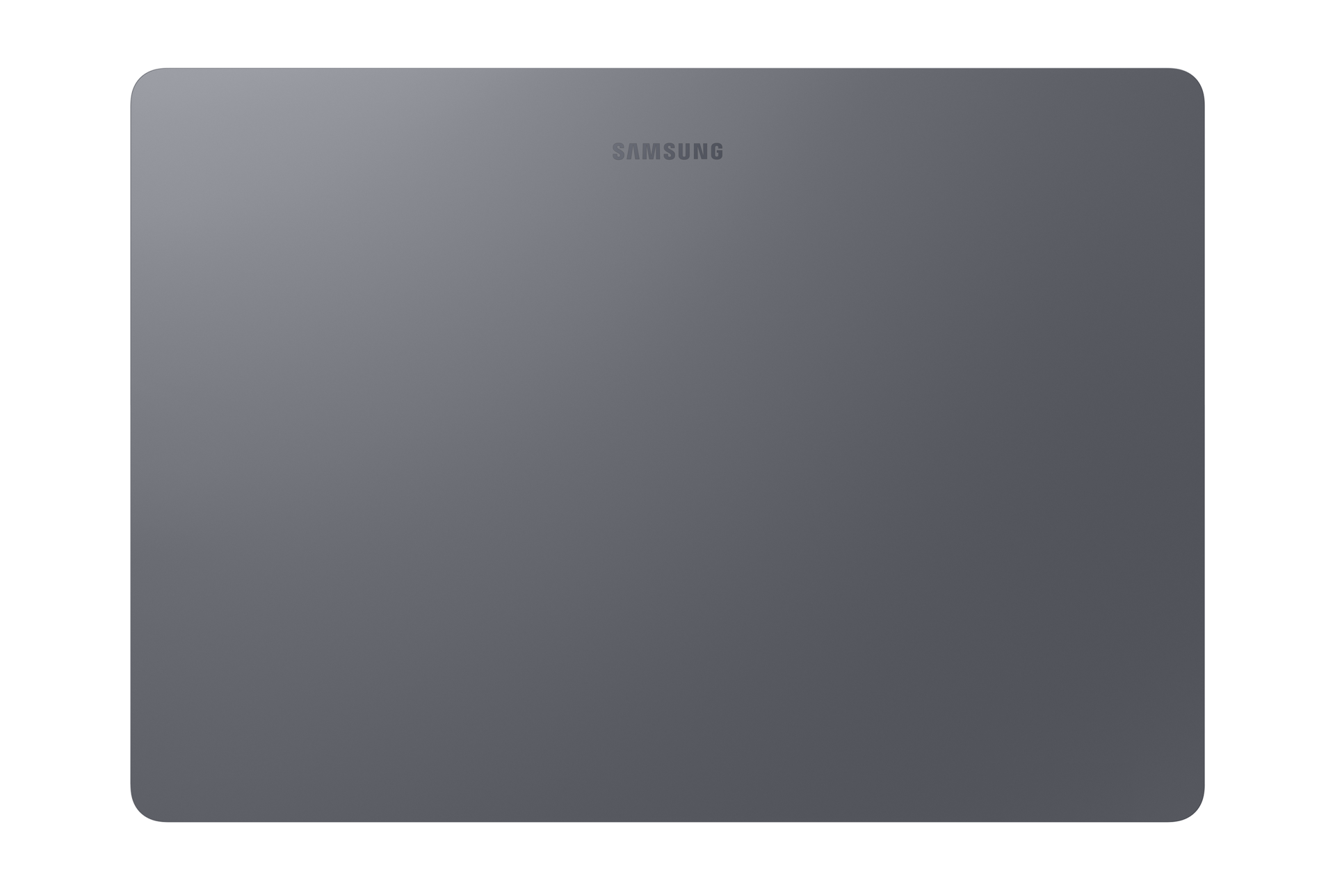 Ein graues Samsung Tablet mit abgerundeten Ecken, das auf schwarzem Hintergrund liegt.