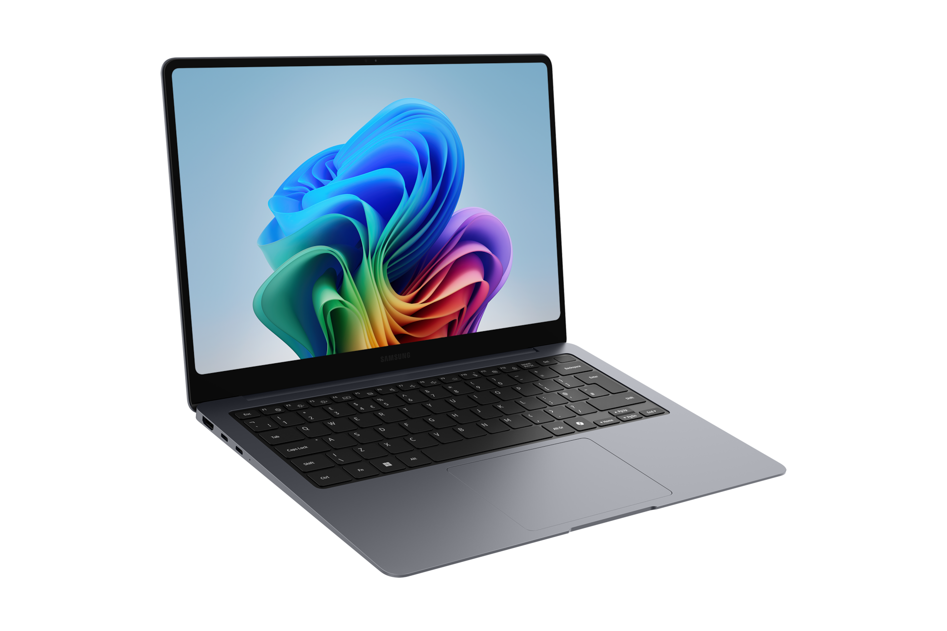 Ein offenes graues Samsung-Notebook mit buntem Desktophintergrund. Tastatur und Touchpad sichtbar.