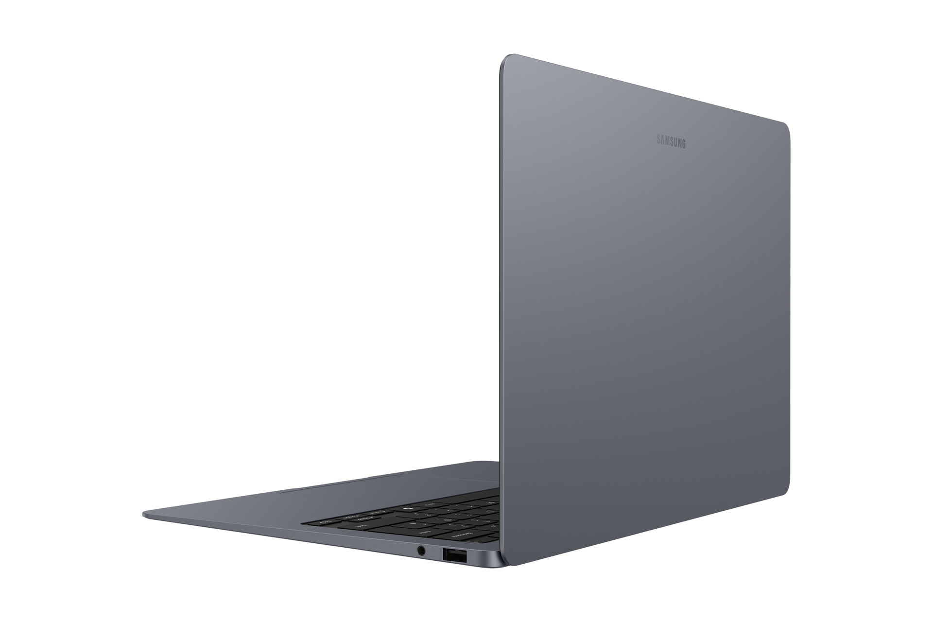 Ein graues Samsung-Notebook ist auf schwarzem Hintergrund zu sehen.