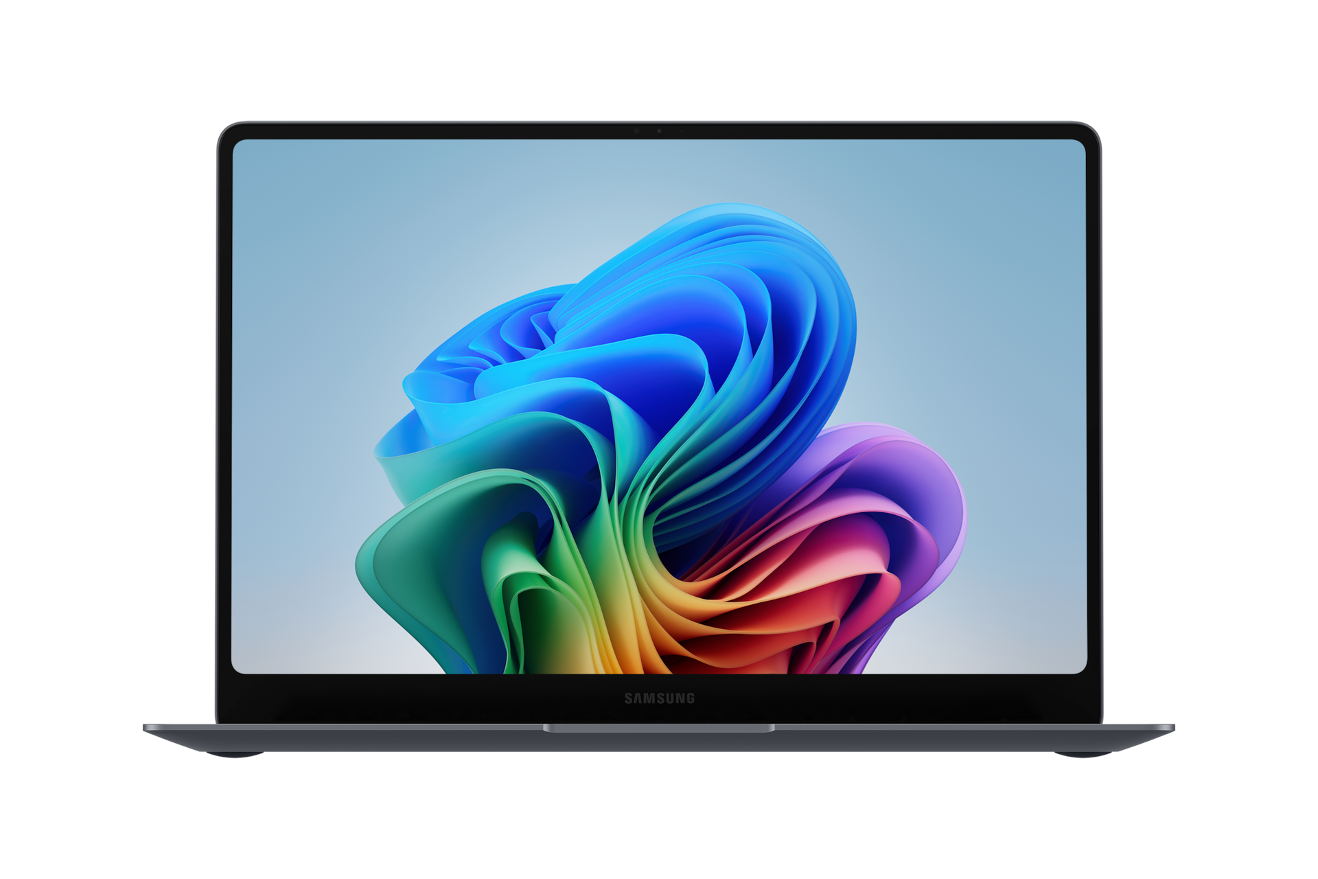 Ein geöffneter Samsung Laptop mit einem bunten, abstrakten Hintergrundbild.