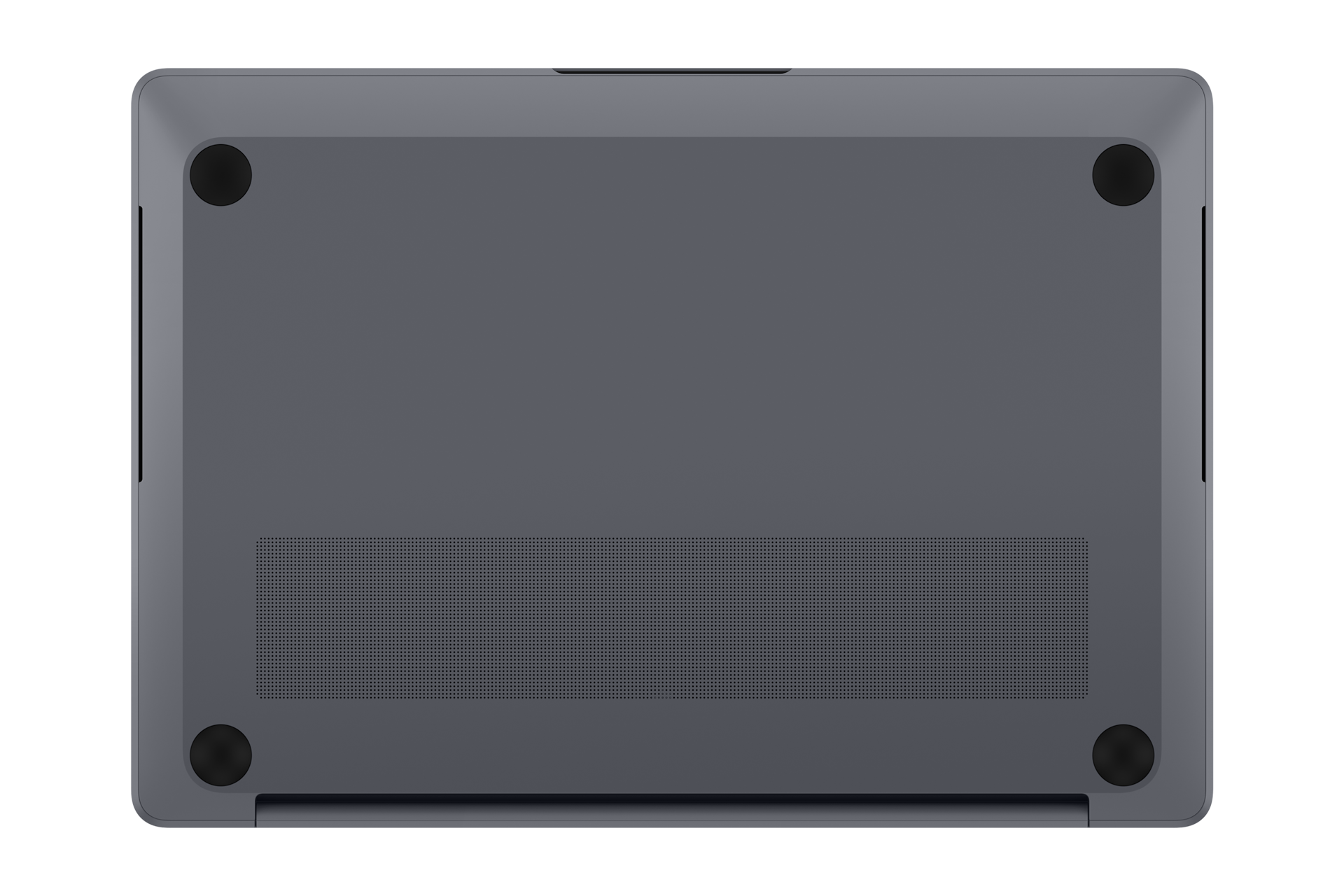 Unterseite eines dunklen Laptops mit Lüftungsschlitzen und vier Gummifüßen.