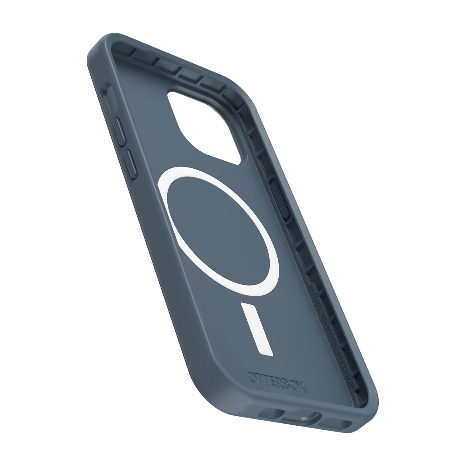 Custodia grigio scuro per iPhone con anello magnetico bianco e logo Otterbox.