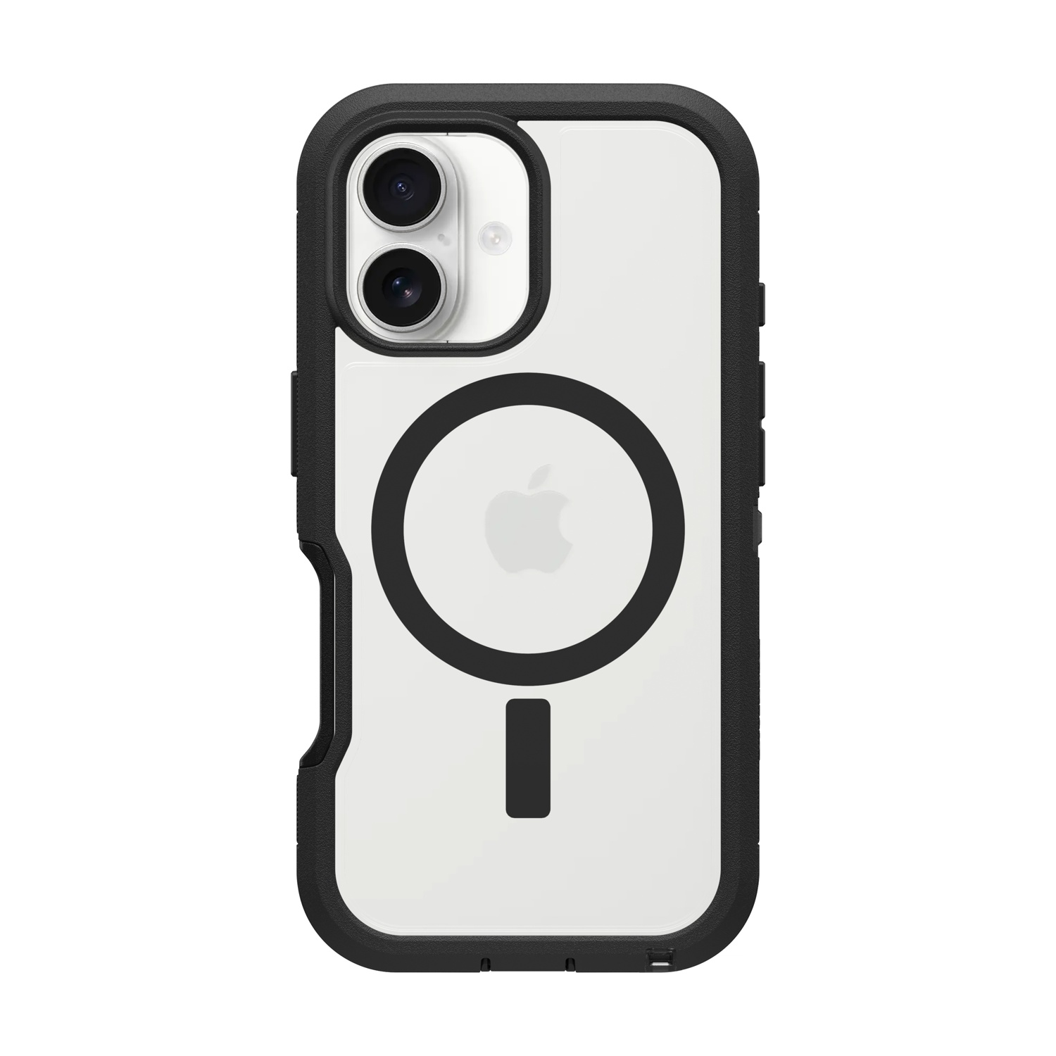 Custodia nera per iPhone con cerchio MagSafe e logo Apple.