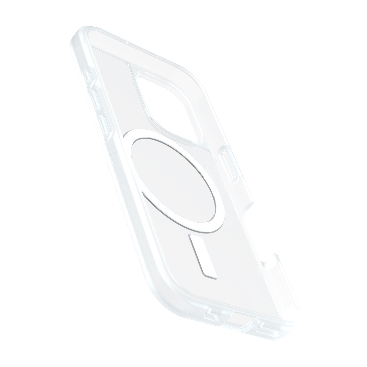 Custodia trasparente per telefono con anello magnetico su sfondo bianco.