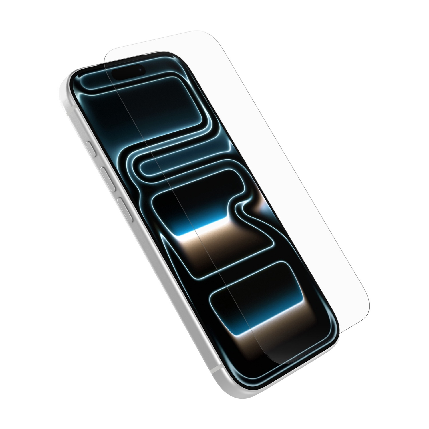 Uno smartphone con proteggischermo che mostra una forma blu neon e sinuosa.