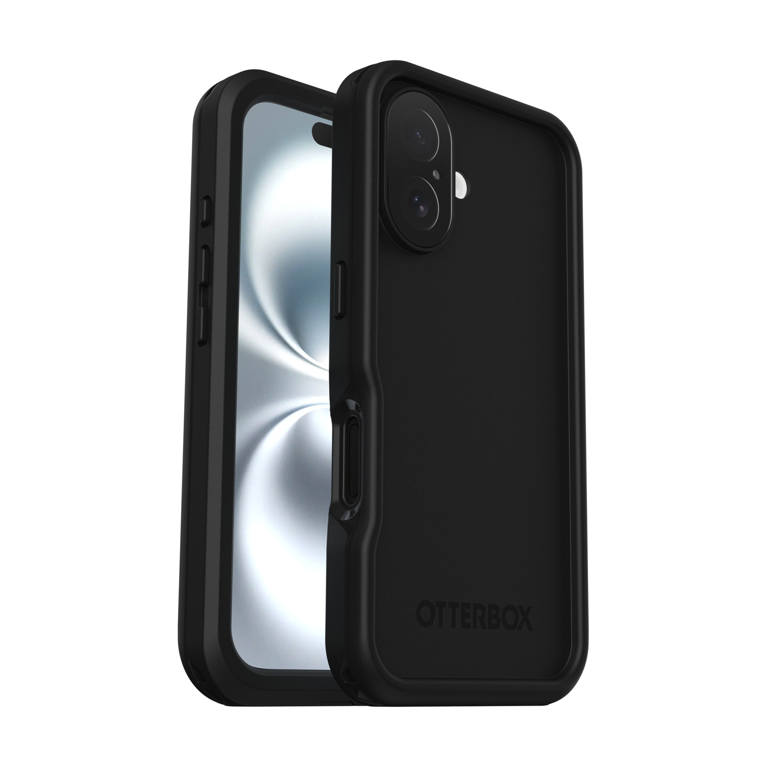 Custodia nera Otterbox per telefono con doppia fotocamera posteriore, su sfondo bianco.