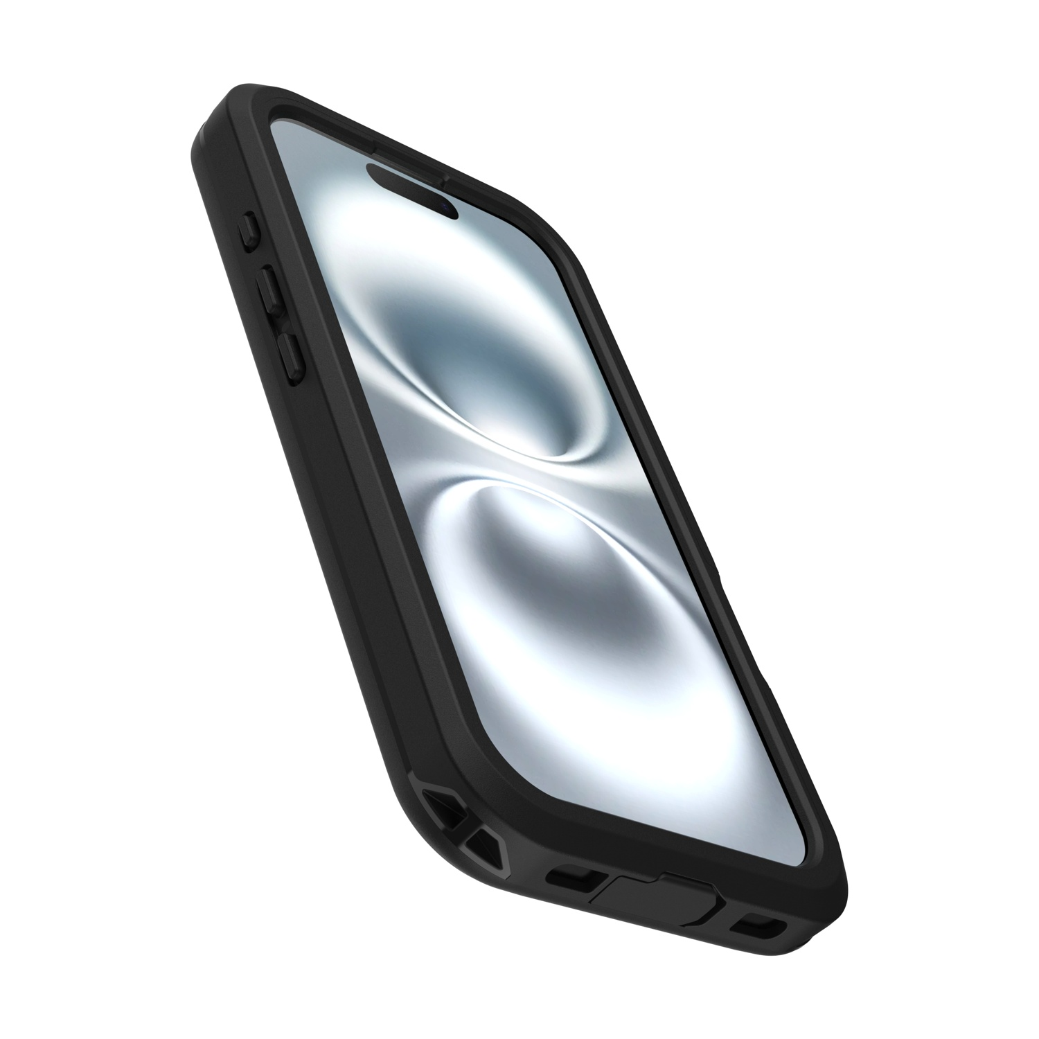 Uno smartphone nero con schermo argentato, angolato lateralmente.