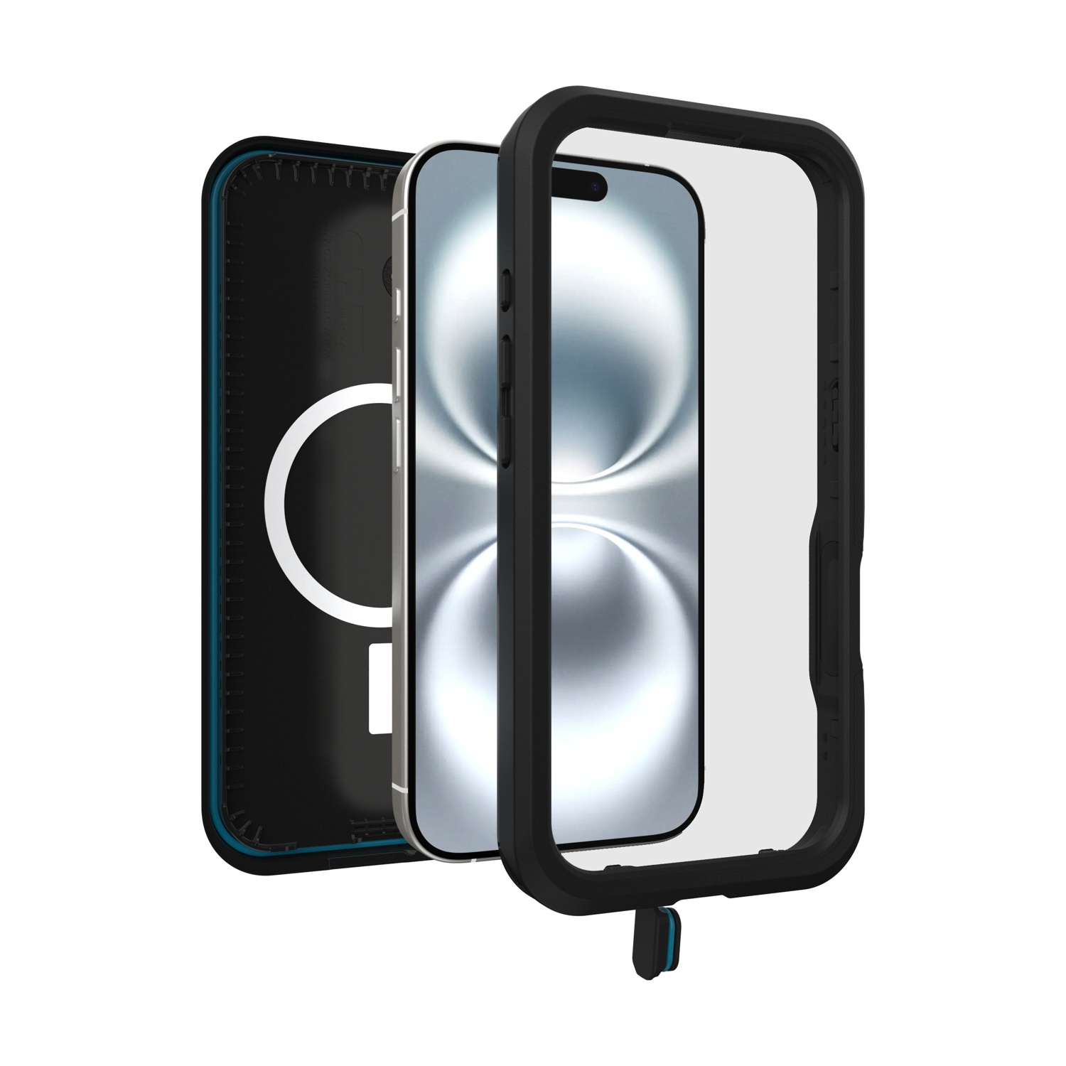 Uno smartphone con una custodia protettiva e una cornice anteriore trasparente.