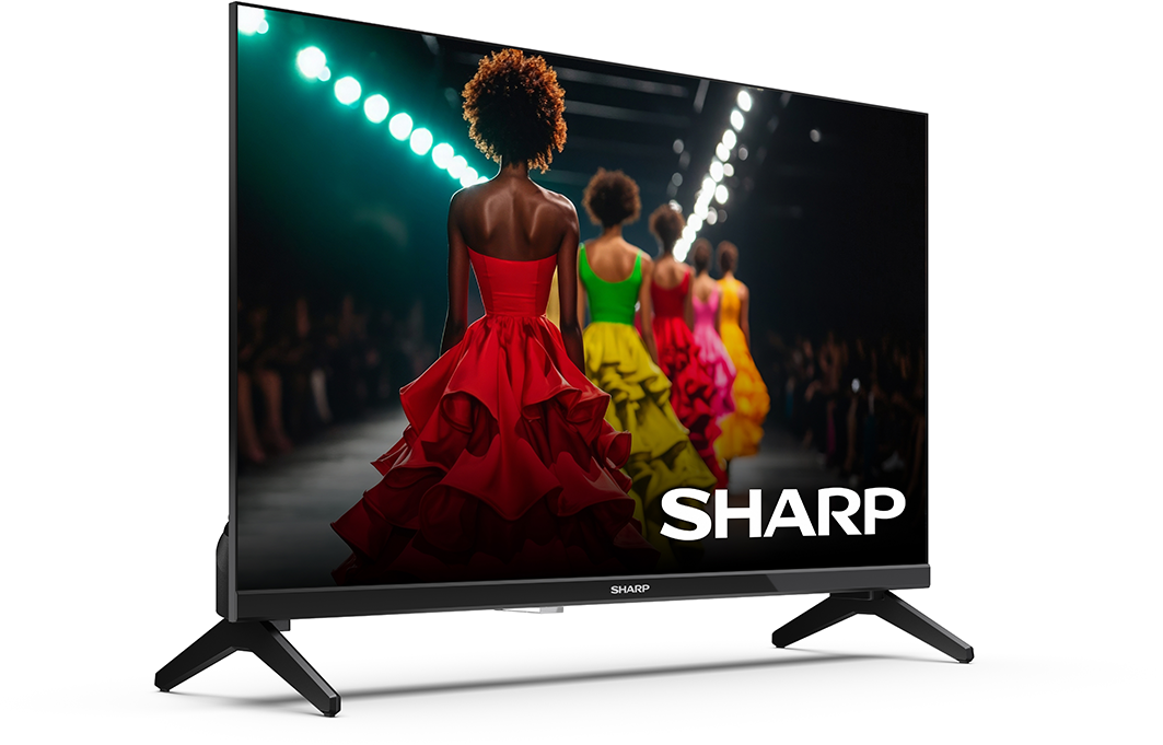 Egy TV színes ruhás modellek divatbemutatóját mutatja. SHARP.