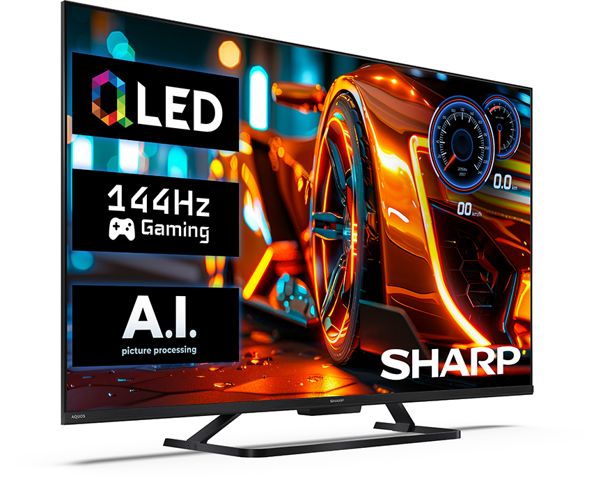 Sharp TV OLED, 144Hz Gaming és AI kijelzést mutat. Futurisztikus autó grafika látható.
