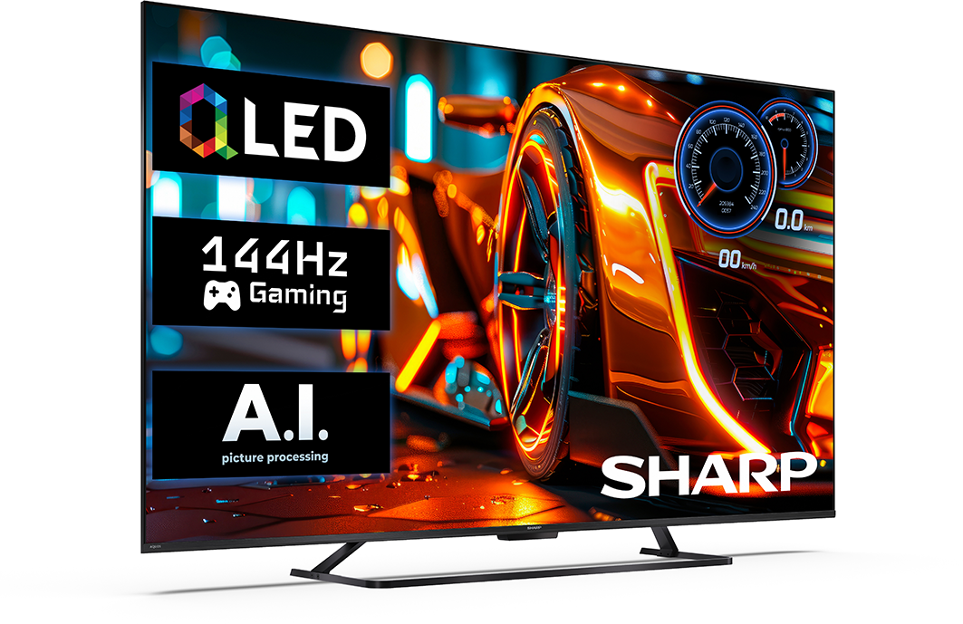 Egy Sharp OLED TV futurisztikus autós versenyt és "144Hz Gaming" feliratot mutat.