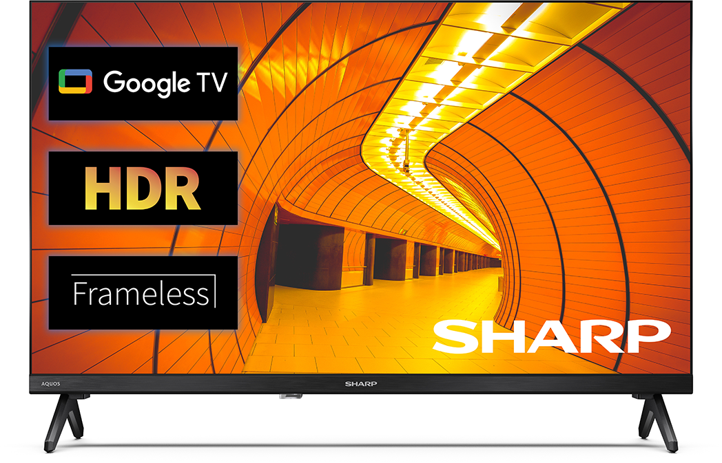 Egy modern TV Google TV-vel, HDR-rel és keret nélküli dizájnnal, narancssárga alagutat mutat.
