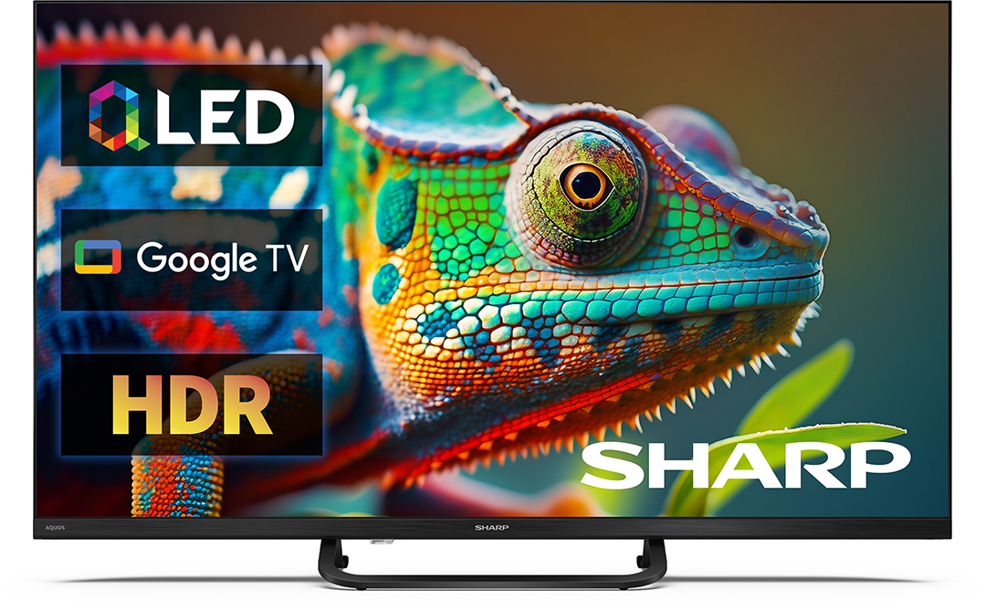 Egy TV LED, Google TV és HDR logókkal mutat be egy kaméleont.