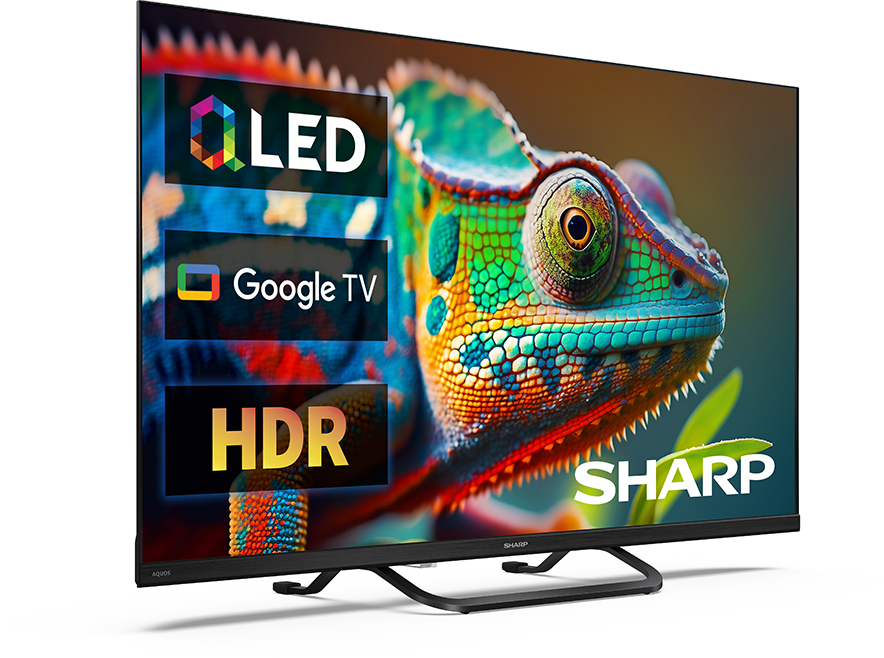 Egy TV kaméleont jelenít meg LED, Google TV és HDR logókkal.