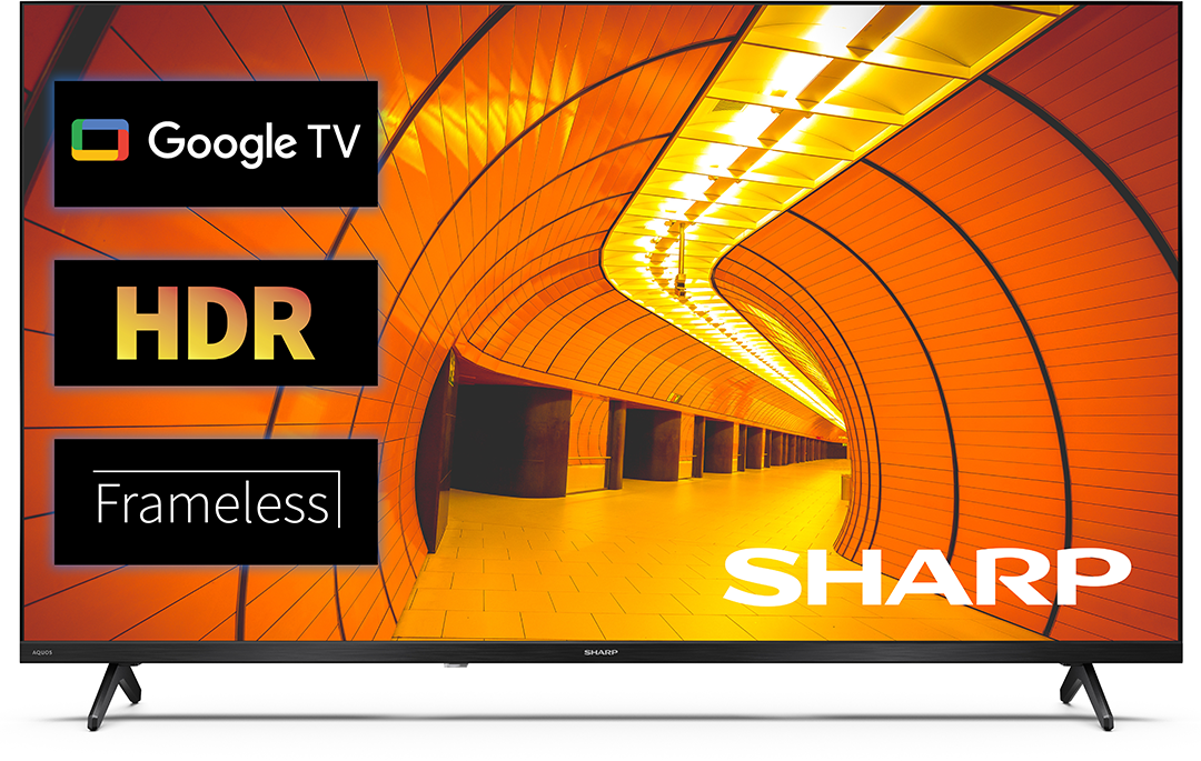 Egy Sharp TV Google TV-vel, HDR-rel és keret nélküli kialakítással.