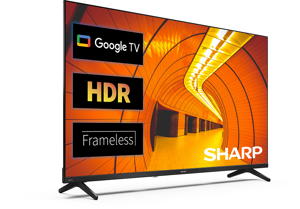 Modern Sharp TV Google TV-vel, HDR-rel és keret nélküli kialakítással.
