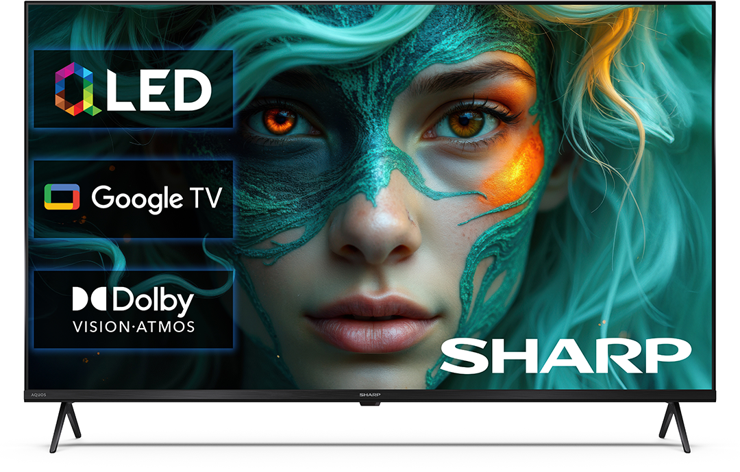 Egy TV, amely egy zöld arcú, élénk szemű nőt jelenít meg. Jellemzők: LED, Google TV, Dolby Vision.
