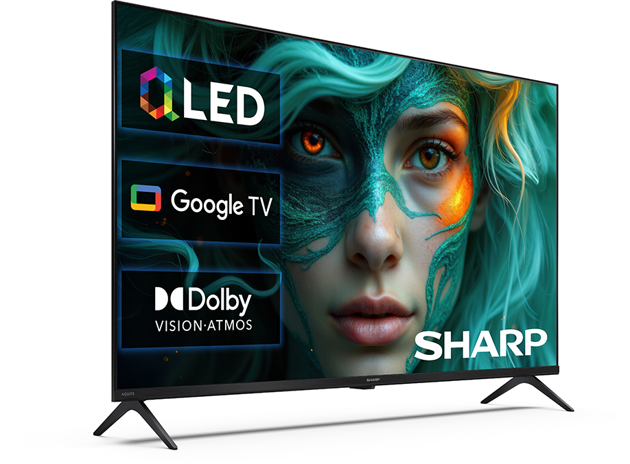 Sharp LED Google TV Dolby Vision Atmos-szal, női arcot ábrázoló képpel.