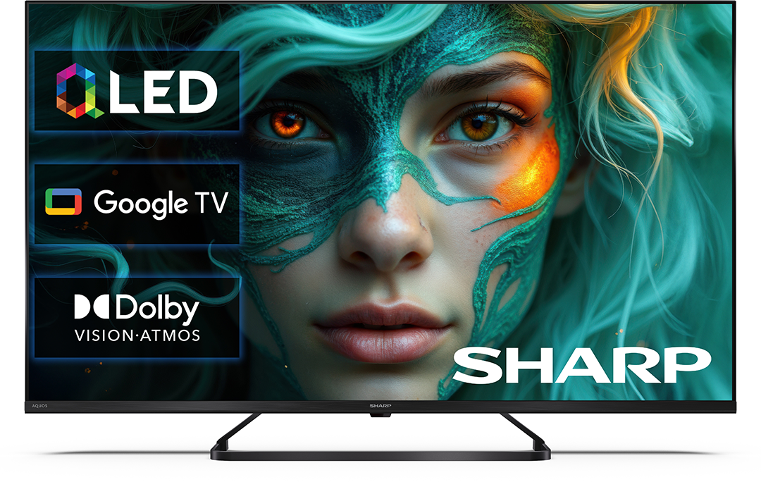 Sharp TV: nő türkiz arcfestéssel, Google TV és Dolby Vision Atmos logók.