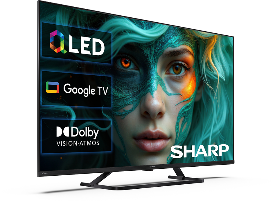Egy modern TV, amely lenyűgöző képet mutat egy türkiz hajú nőről, bonyolult arcfestéssel.