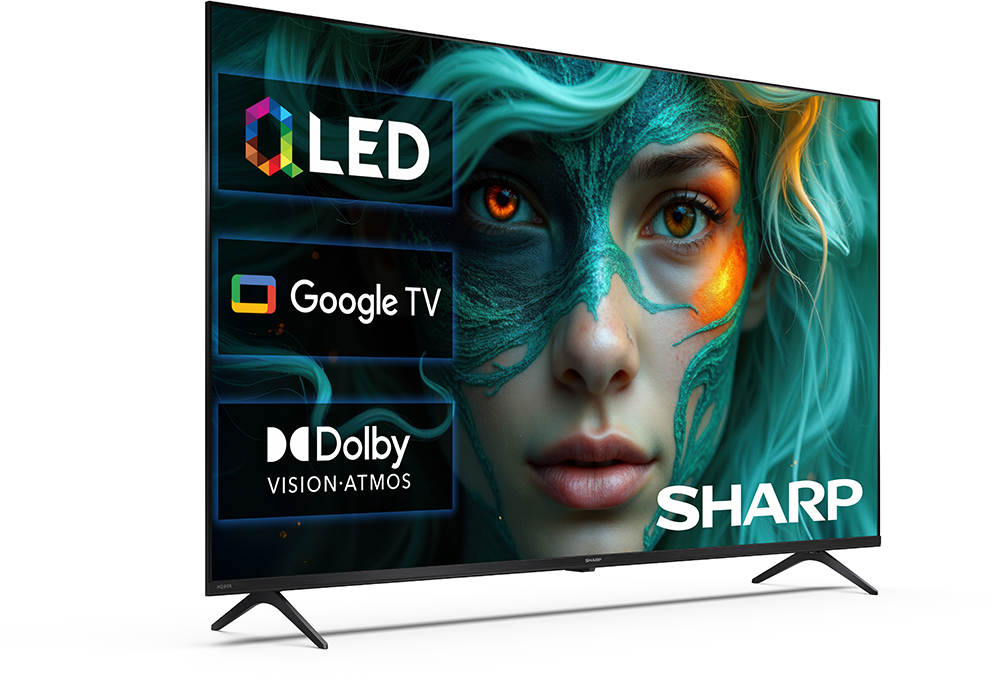 Egy Sharp QLED Google TV Dolby Vision Atmos kijelzővel digitális arcot mutat.