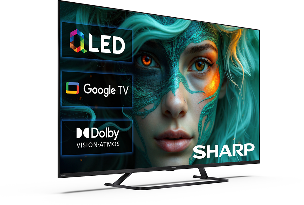 Modern TV, teal akcentusokkal ábrázolt női portréval.