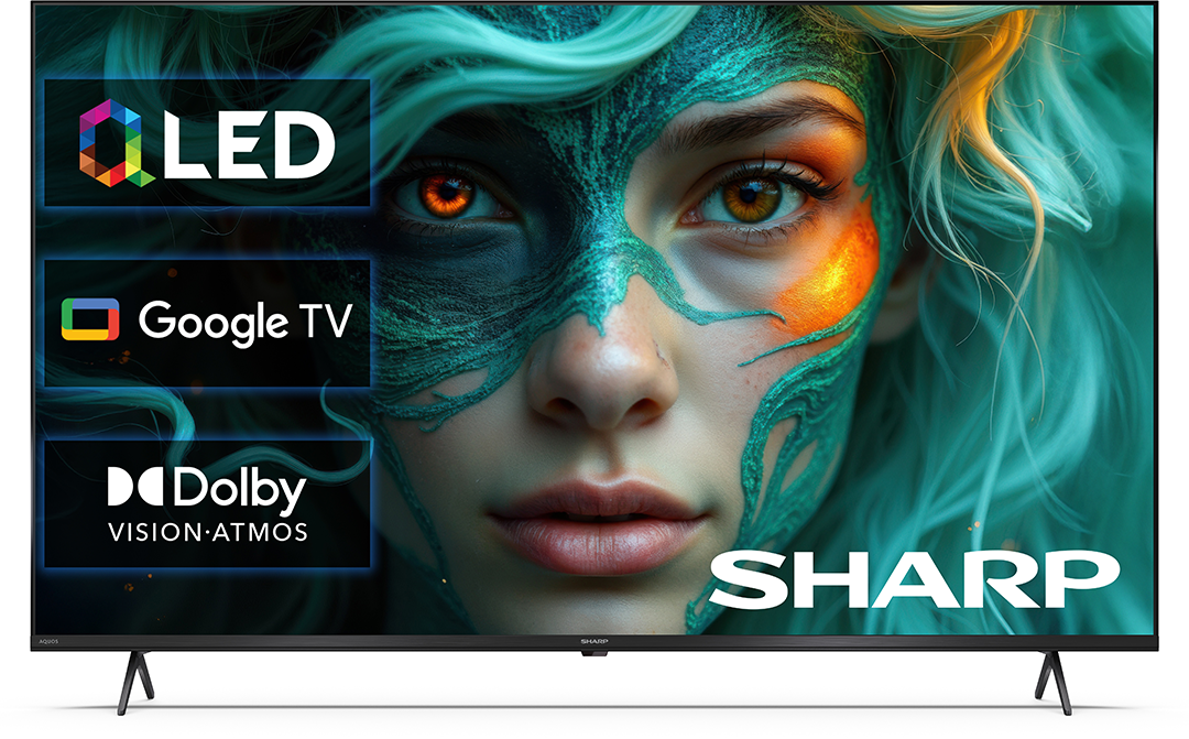 Sharp OLED Google TV Dolby Vision Atmos-szal, türkiz és narancssárga sminkes női arcot mutat.